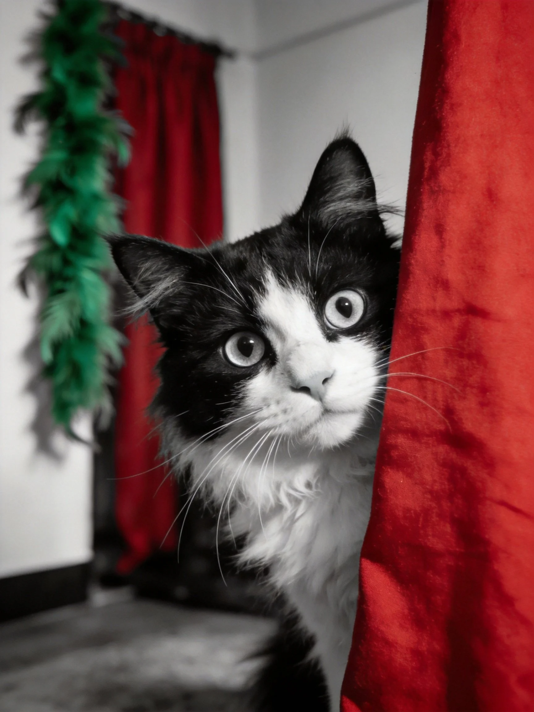 A black - and - white cat hides behind a red curtain with green feather decor