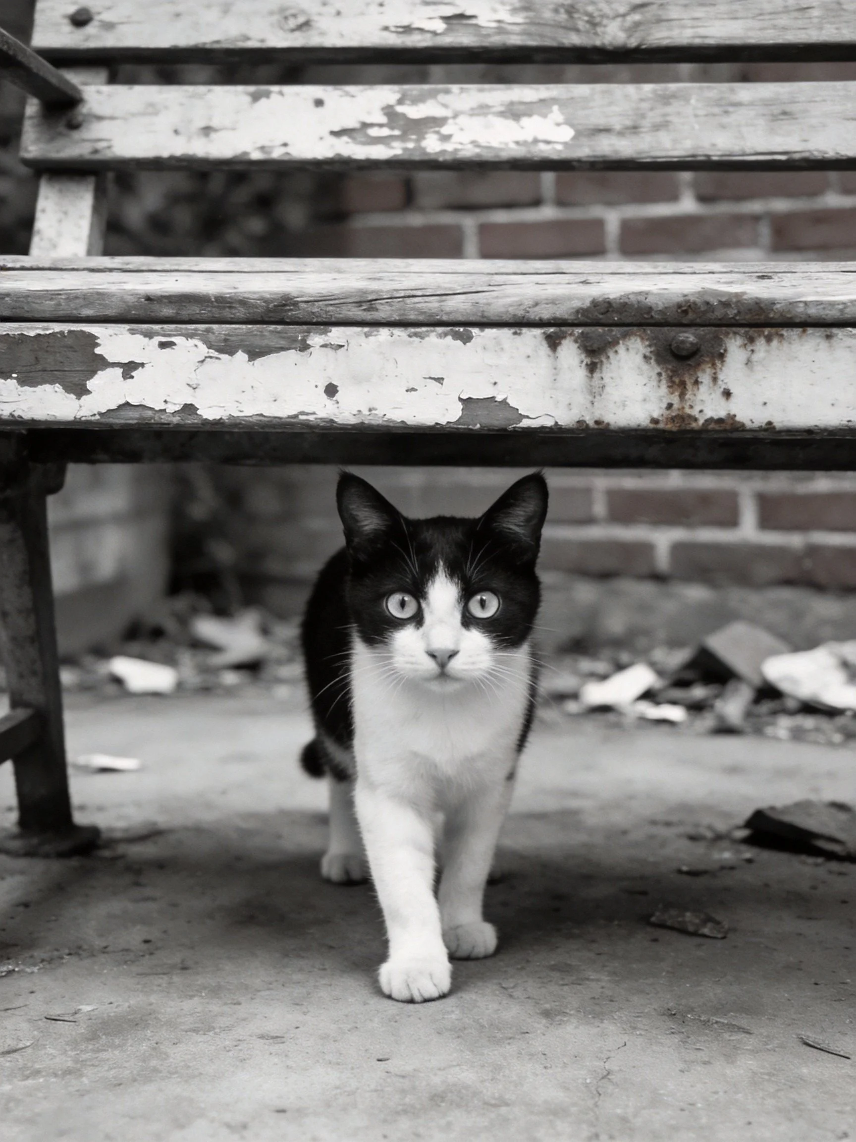 A black - and - white cat hides beneath an aged wooden bench
