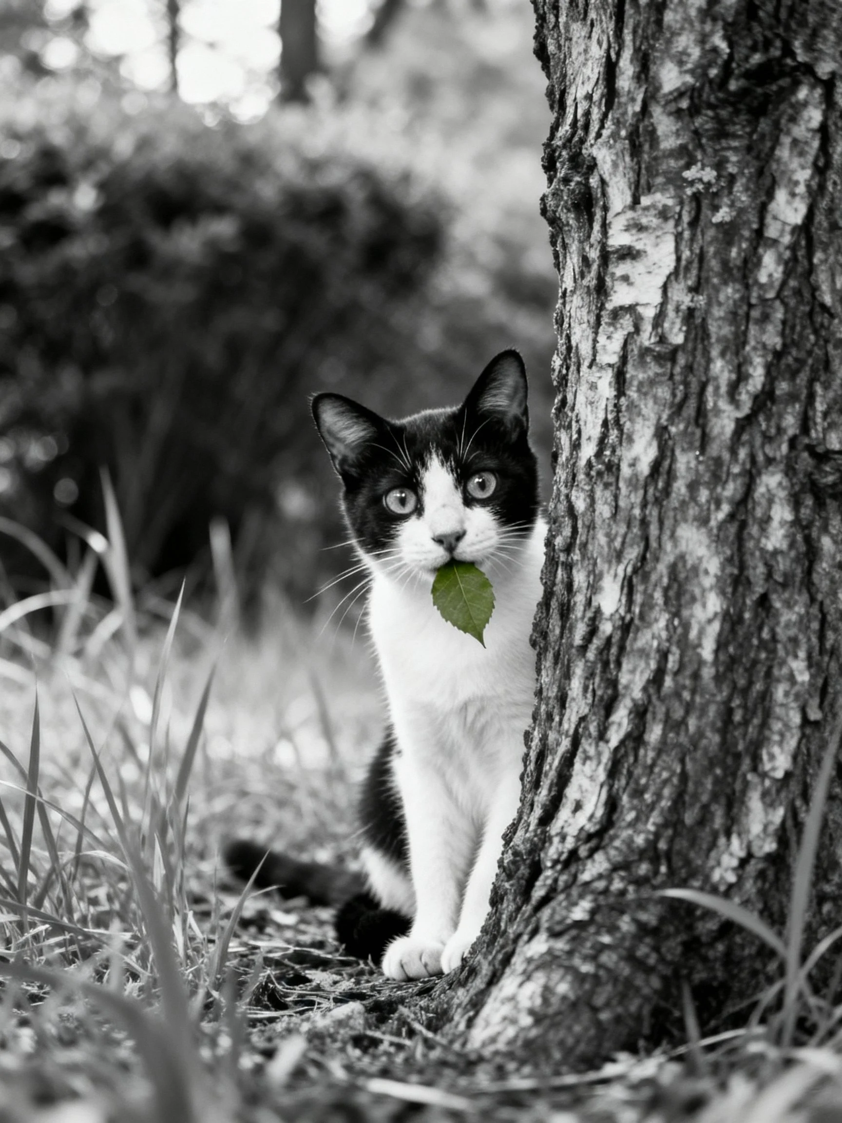 A black - and - white cat holds a green leaf beside a textured tree trunk