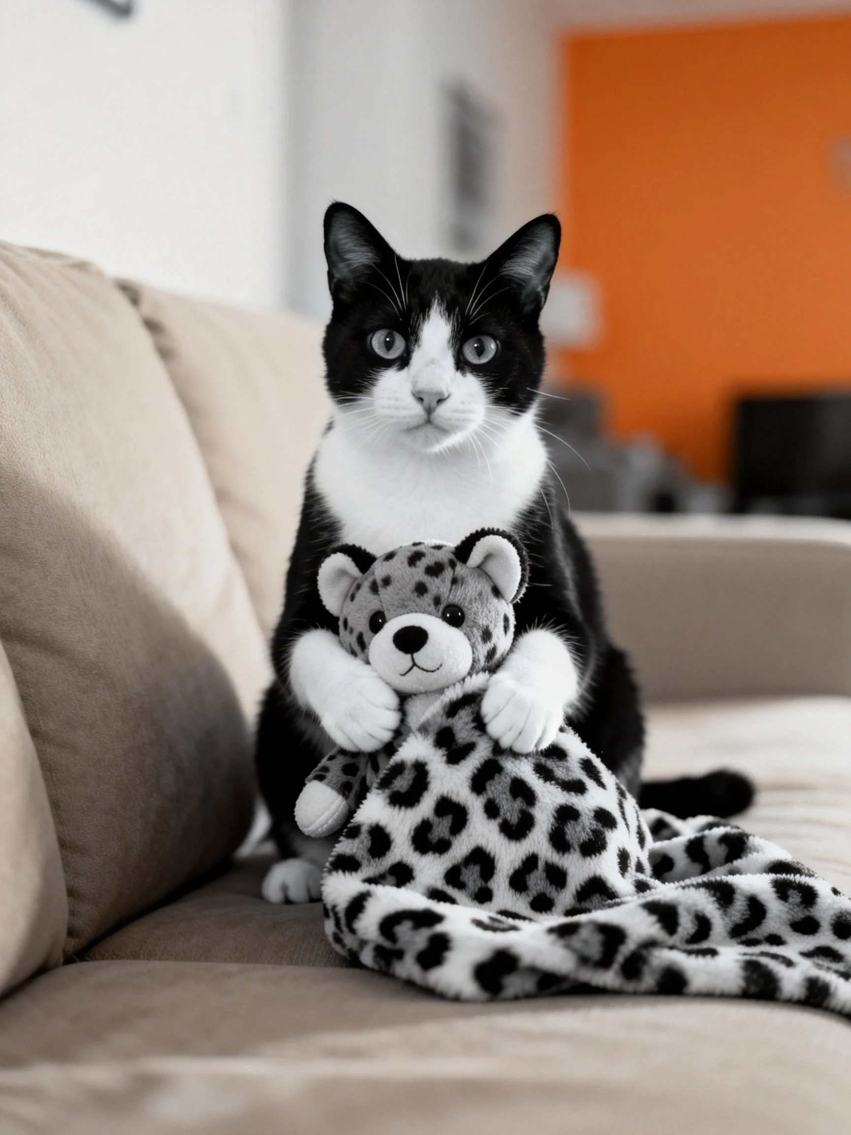 A black and white cat holds a leopard - patterned stuffed toy on a couch