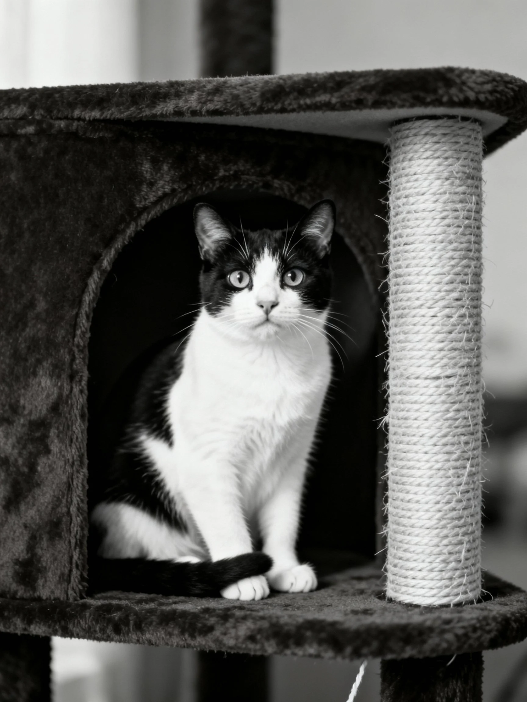 A black - and - white cat in a plush cat cubby near a rope post
