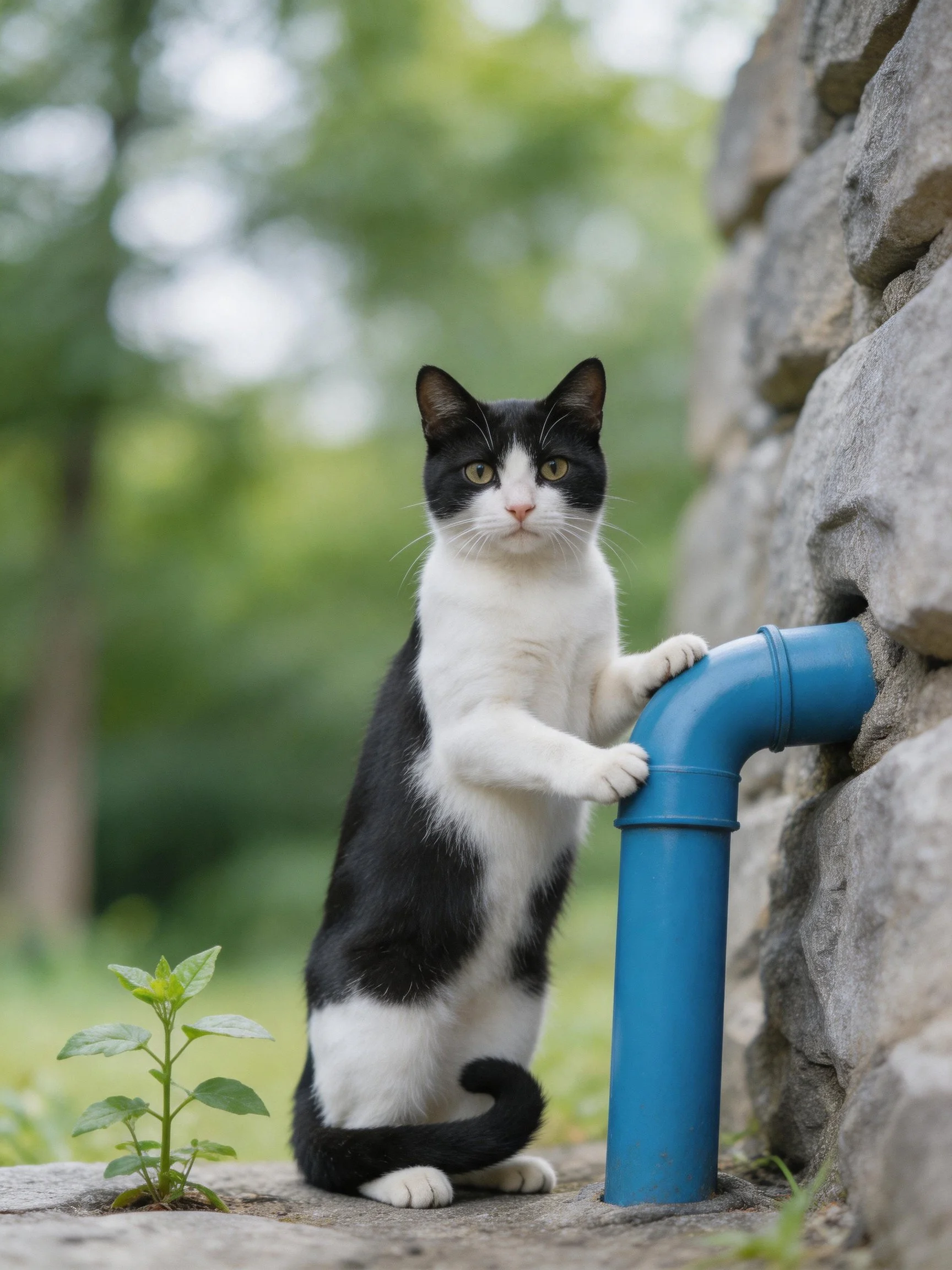 A black - and - white cat interacts with a blue pipe near a stone wall
