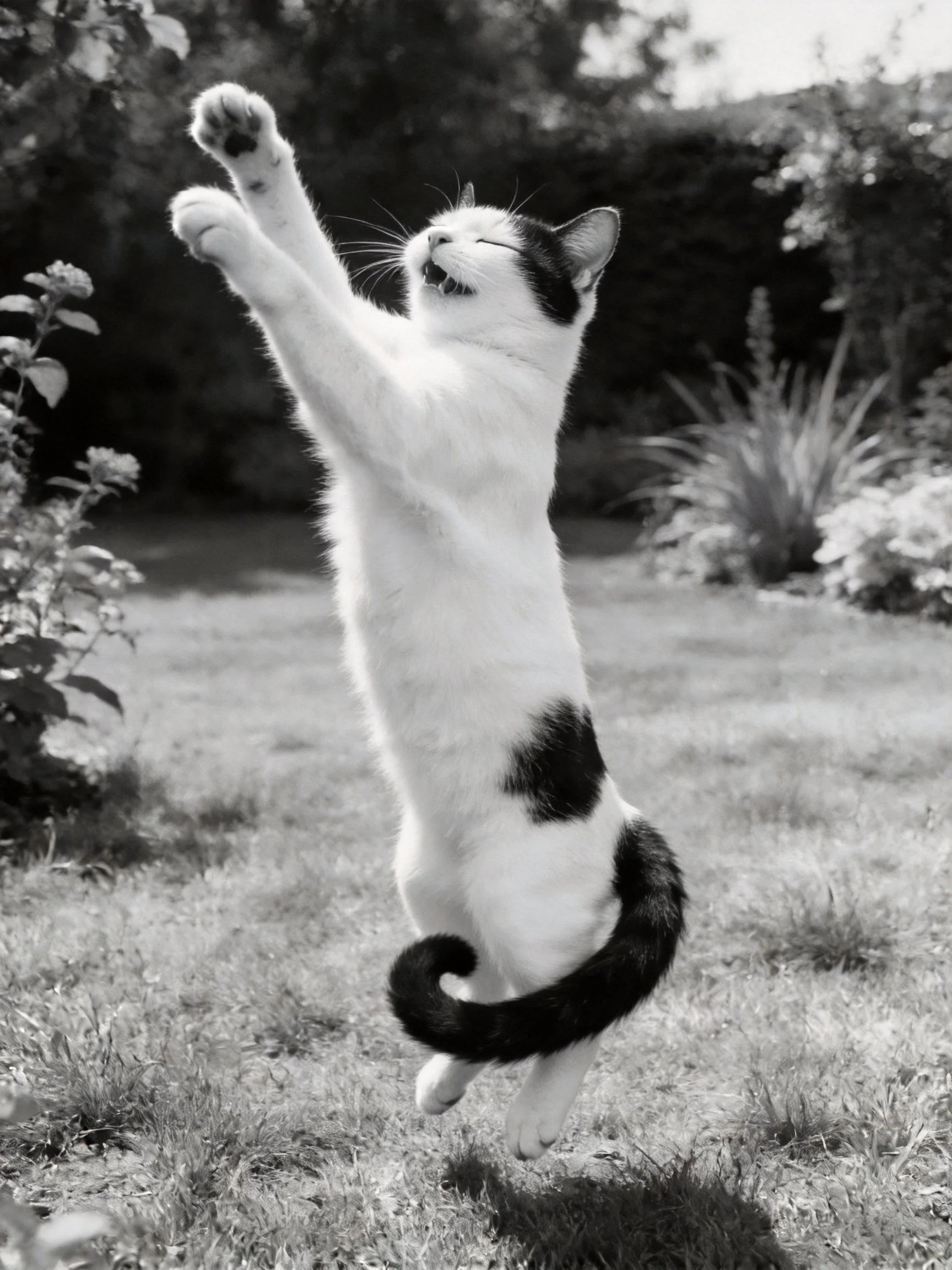A black - and - white cat leaps energetically in a sunlit garden