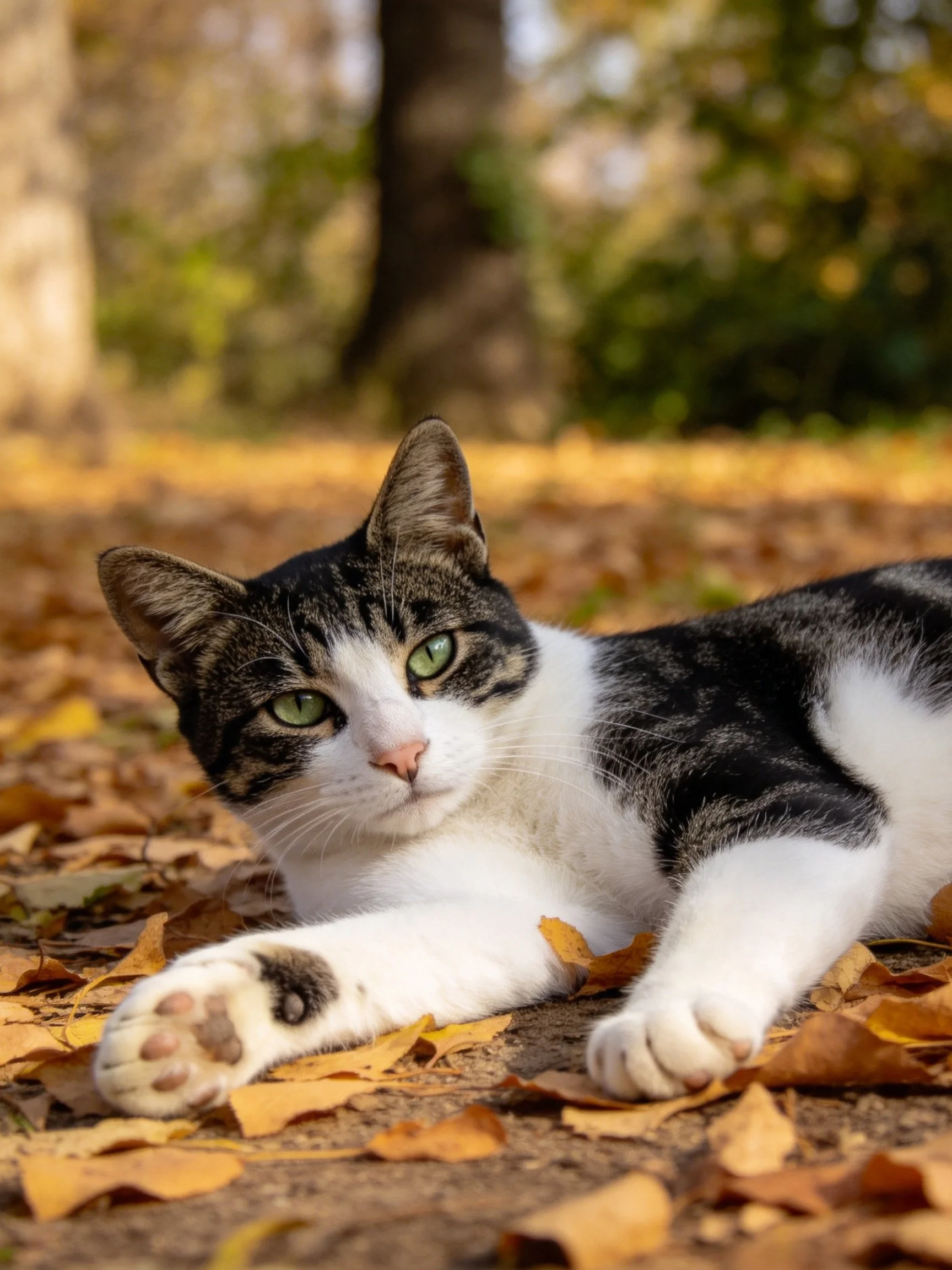 A black-and-white cat lies amid golden autumn leaves outdoors