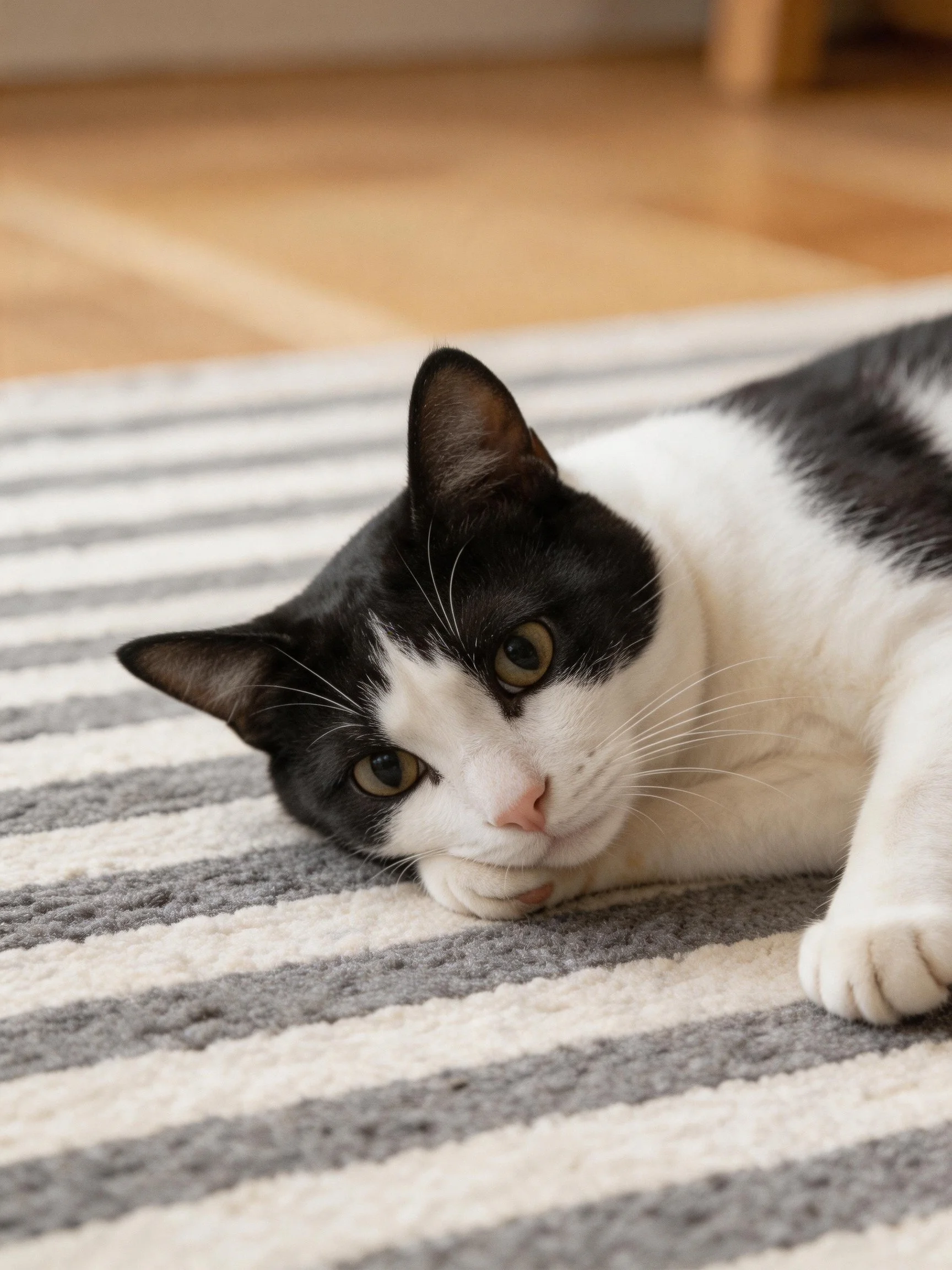 A black and white cat lies on a gray and white striped rug indoors.