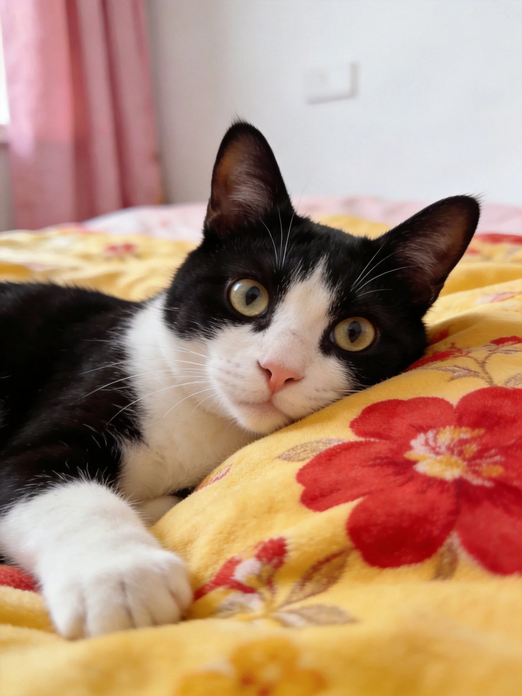 A black and white cat lies on a yellow floral-patterned blanket