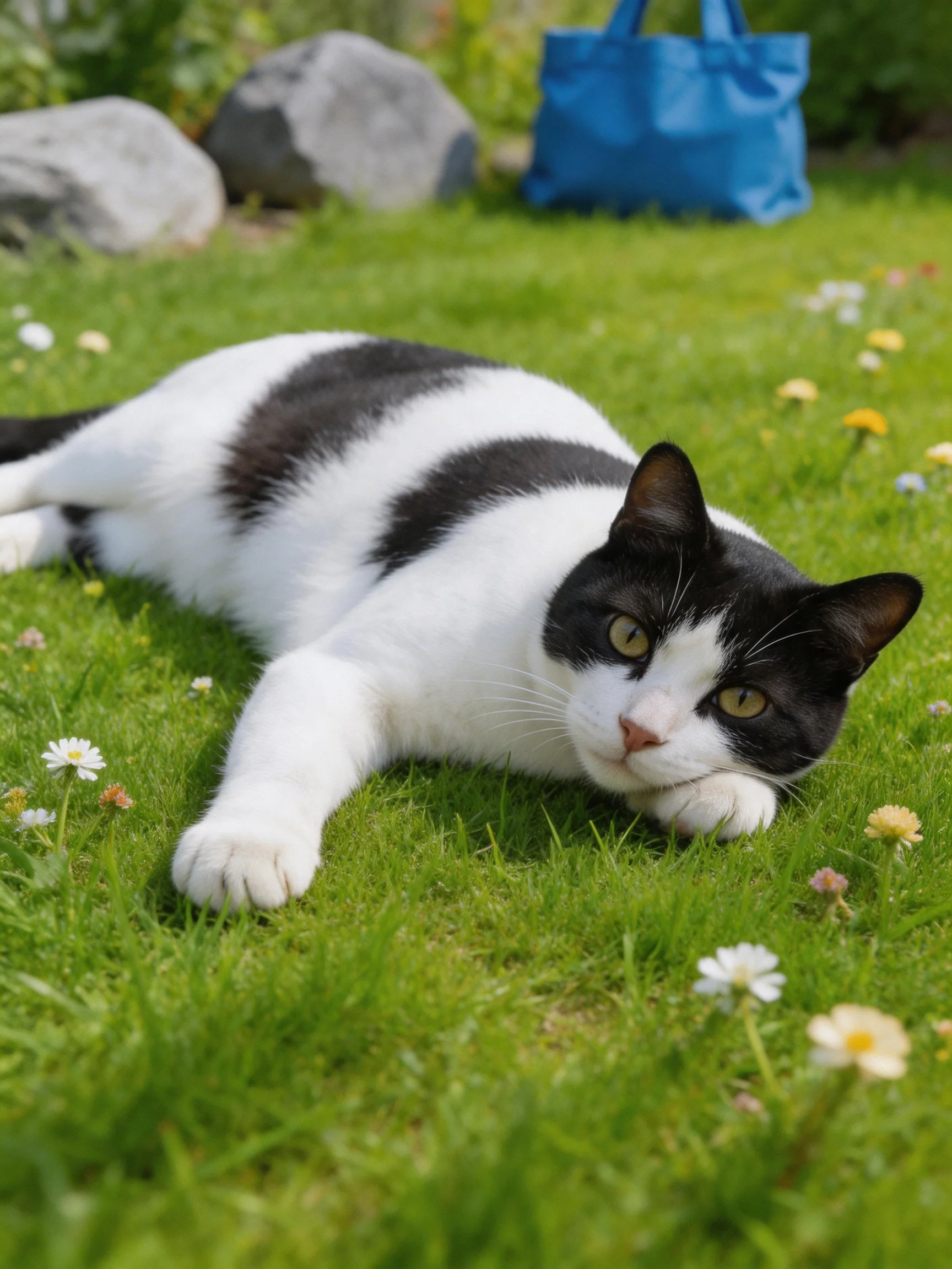A black and white cat lies on green grass near a blue bag and rocks