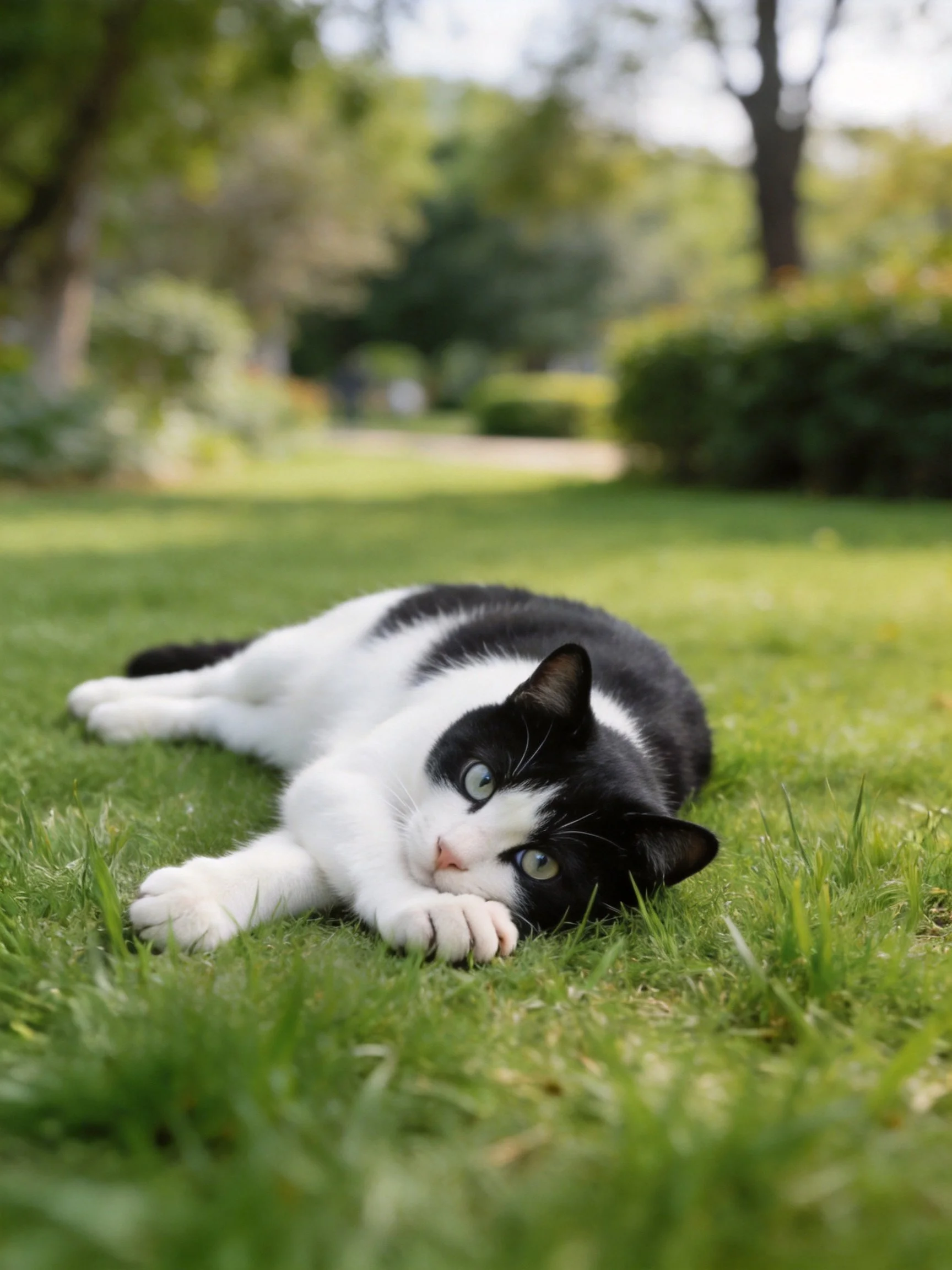 A black and white cat lies on vibrant green grass in a sunny park