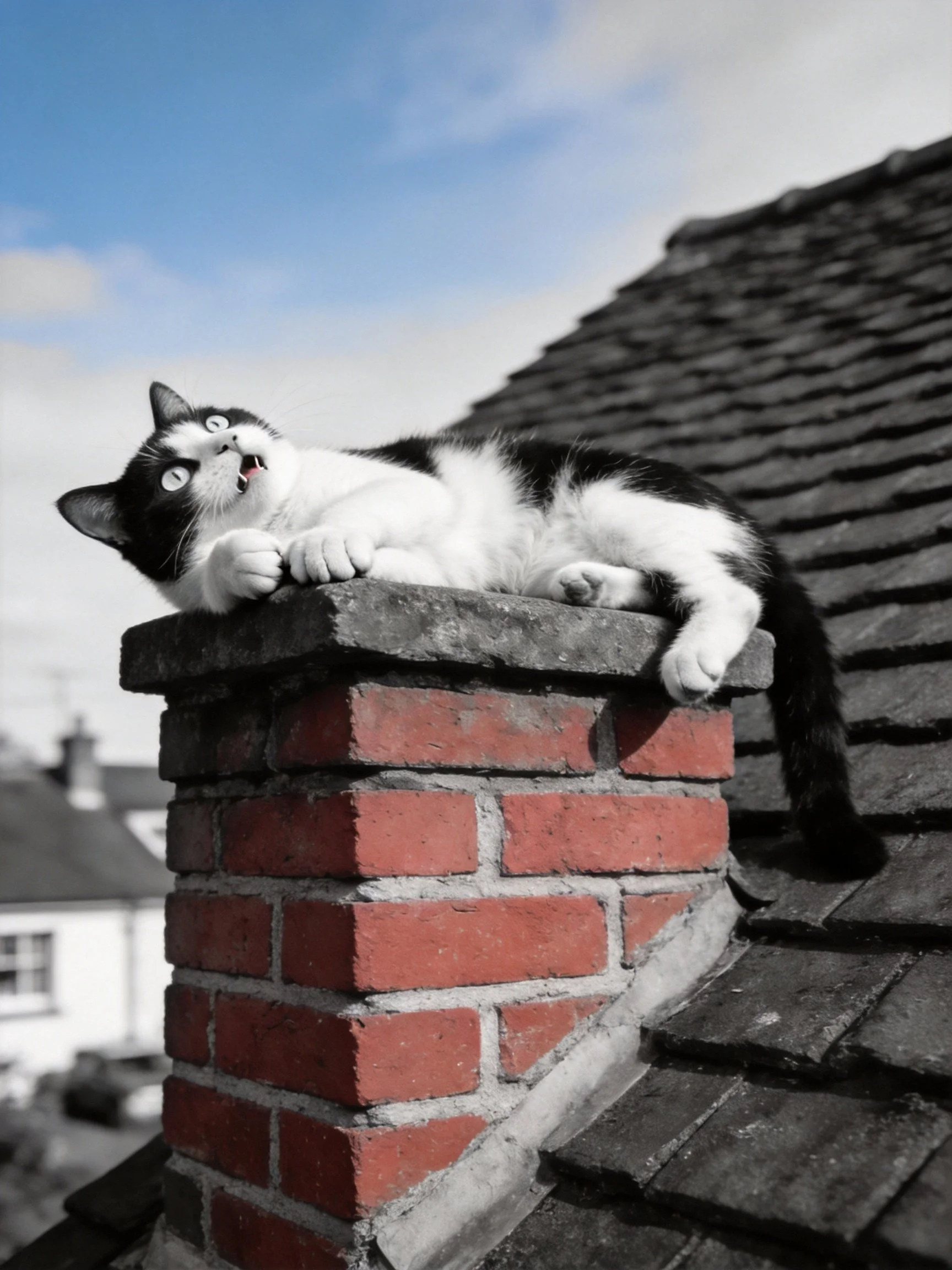 A black and white cat lounges atop a red brick chimney