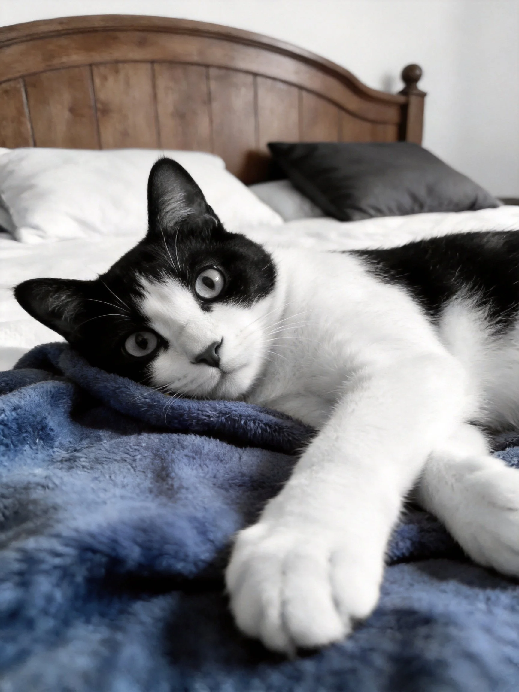 A black - and - white cat lounges on a bed with blue blankets and pillows