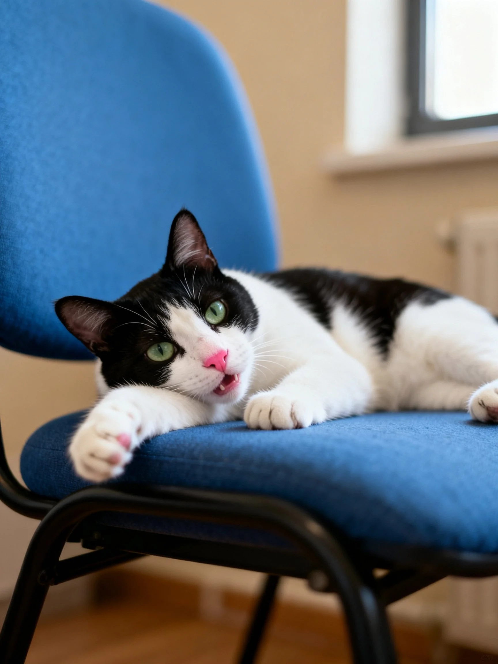 A black - and - white cat lounges on a bright blue office chair