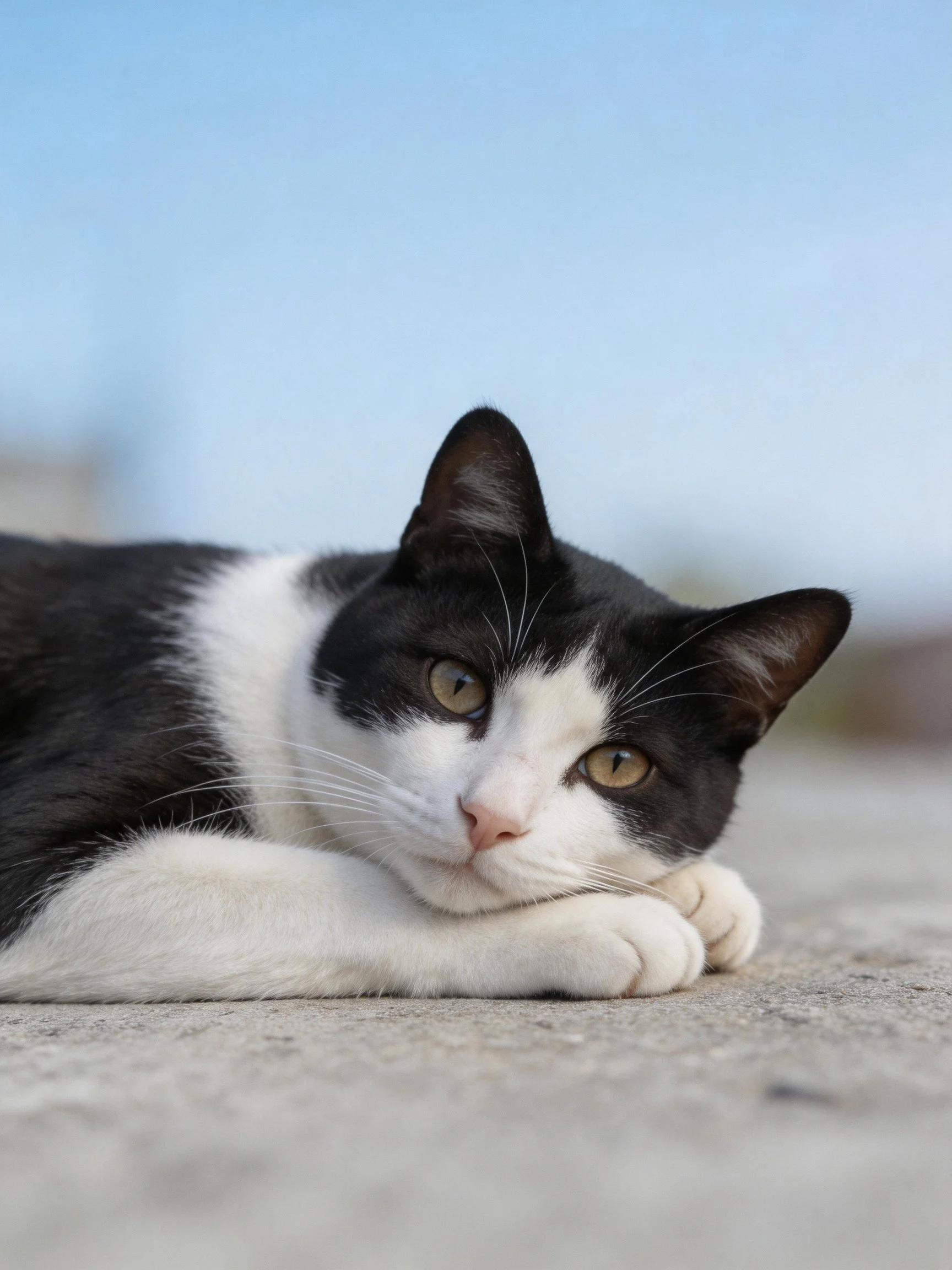 A black and white cat lounges on a concrete surface near a clear blue sky