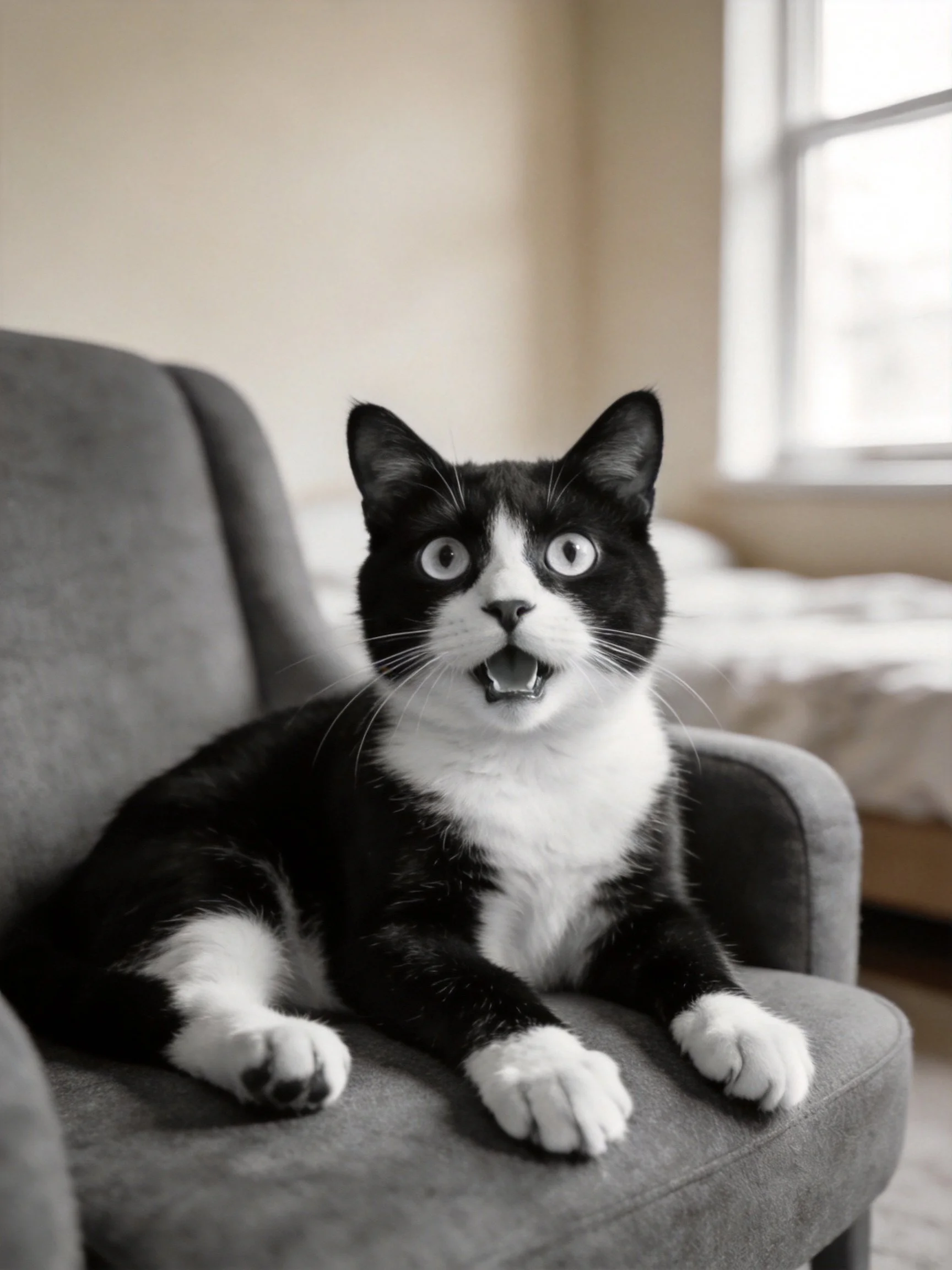 A black and white cat lounges on a gray armchair near a window