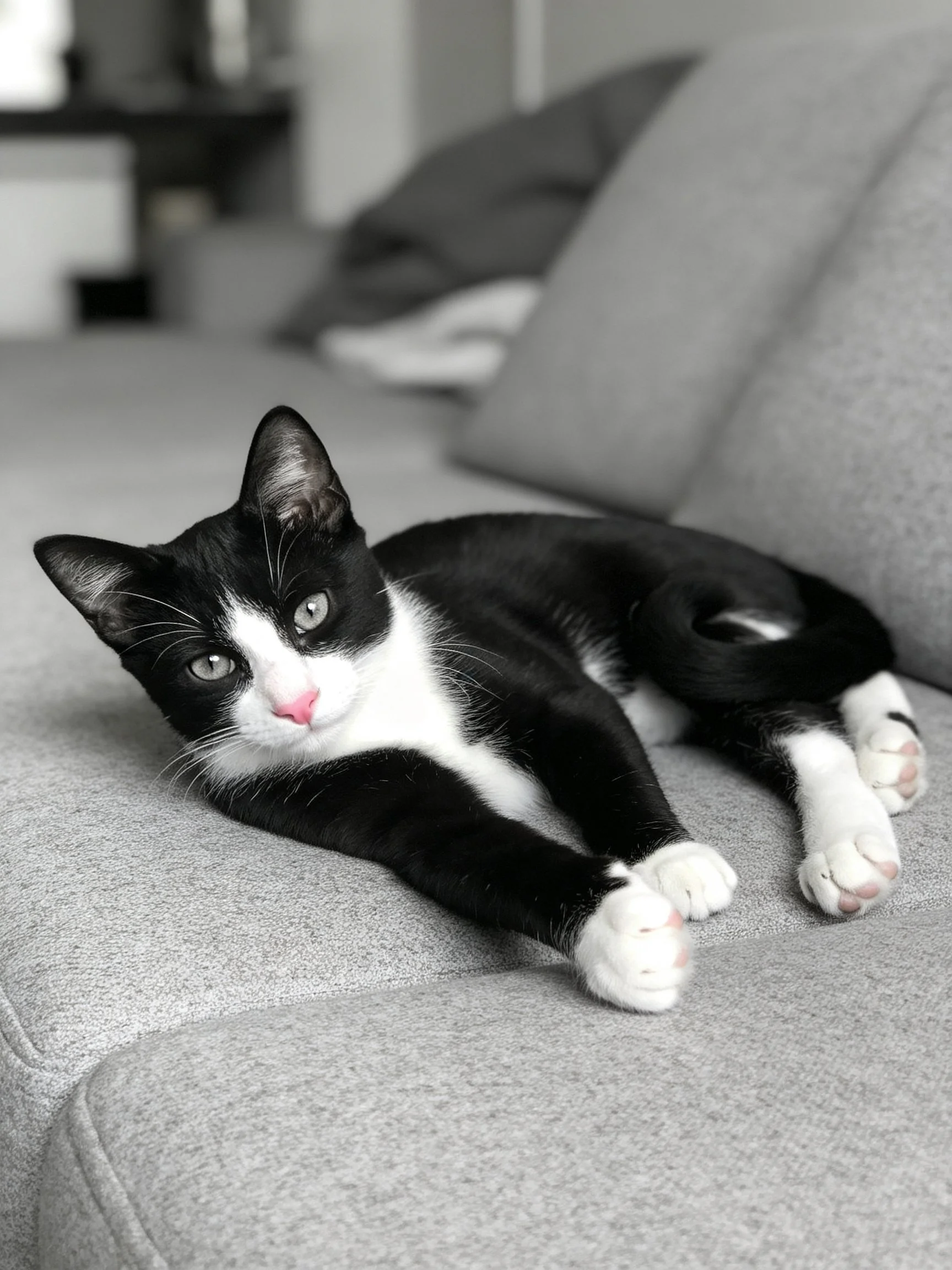 A black and white cat lounges on a gray couch with plush cushions.