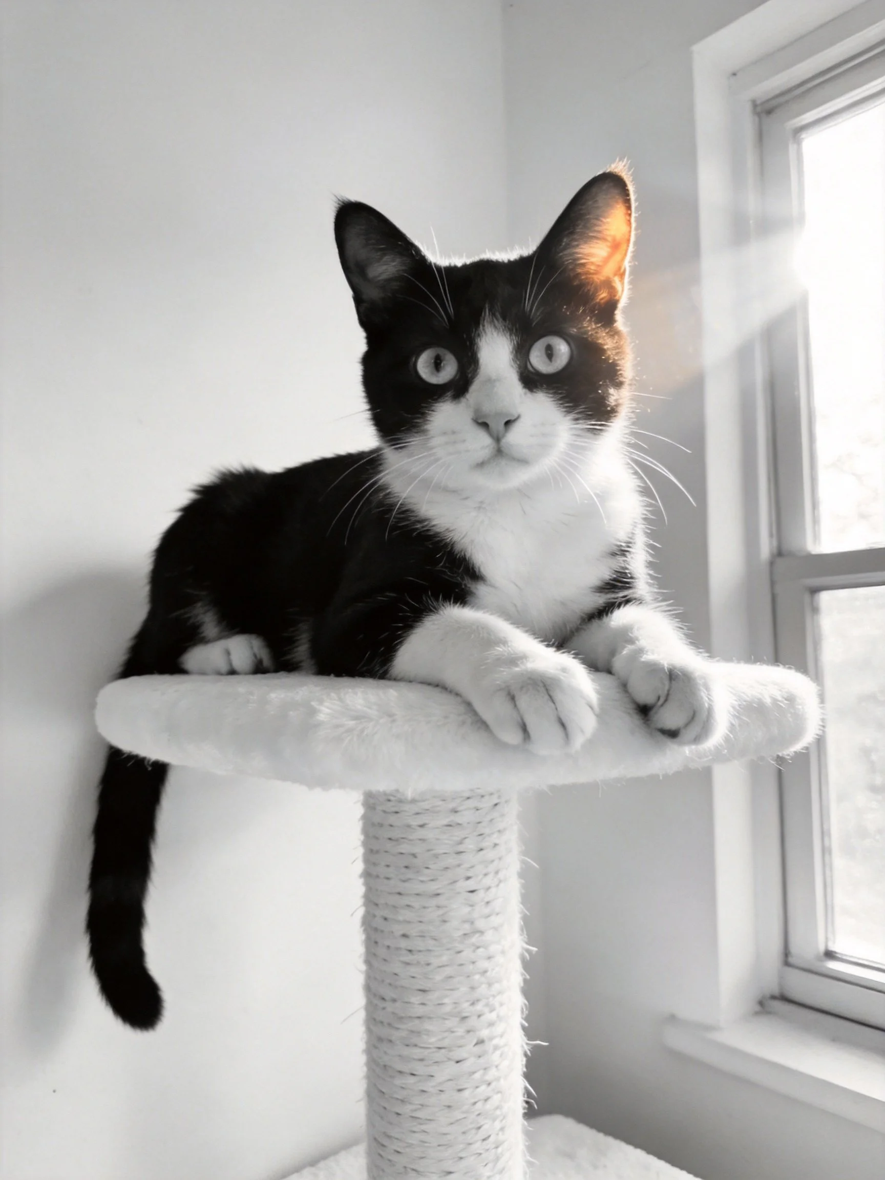 A black - and - white cat lounges on a plush cat tree by a bright window