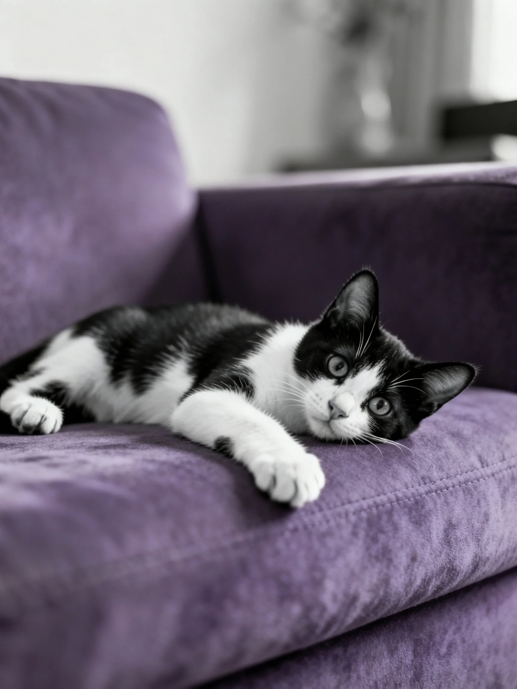 A black and white cat lounges on a plush purple sofa
