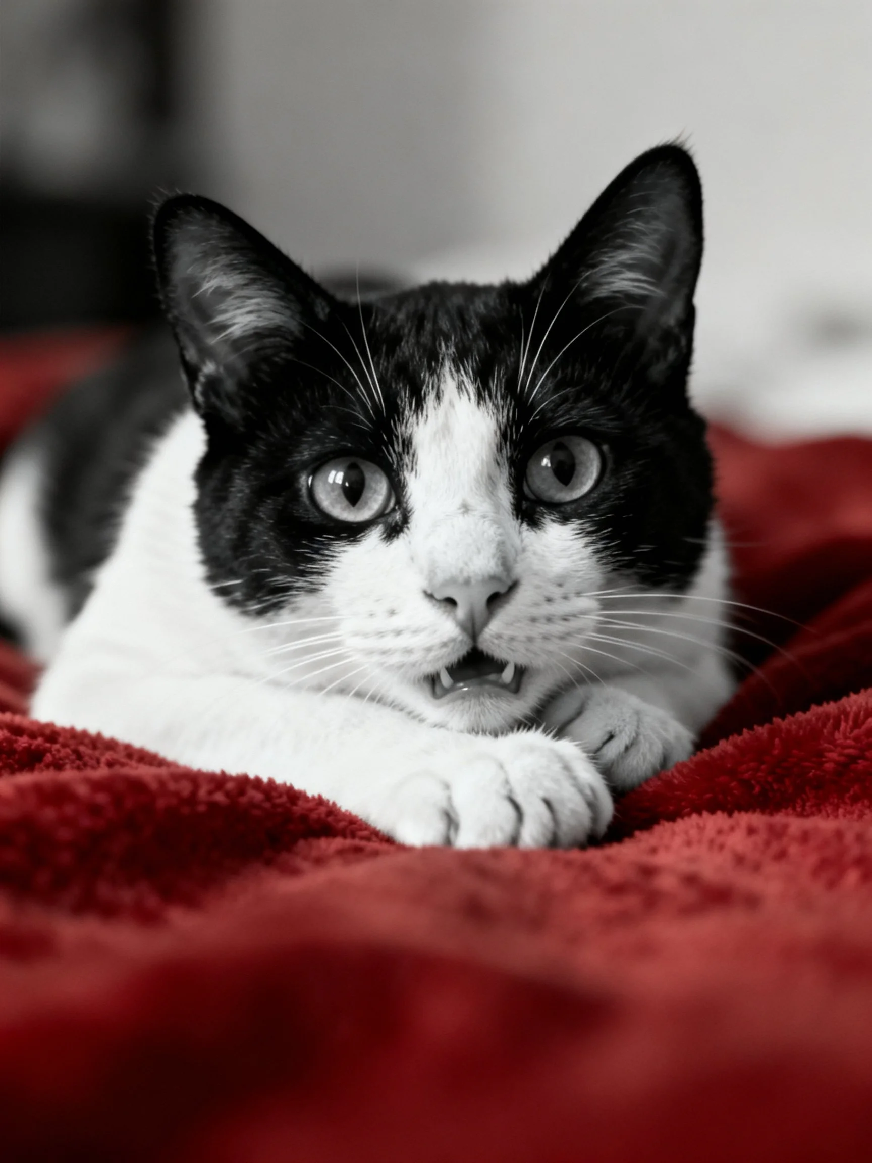 A black - and - white cat lounges on a plush red fabric