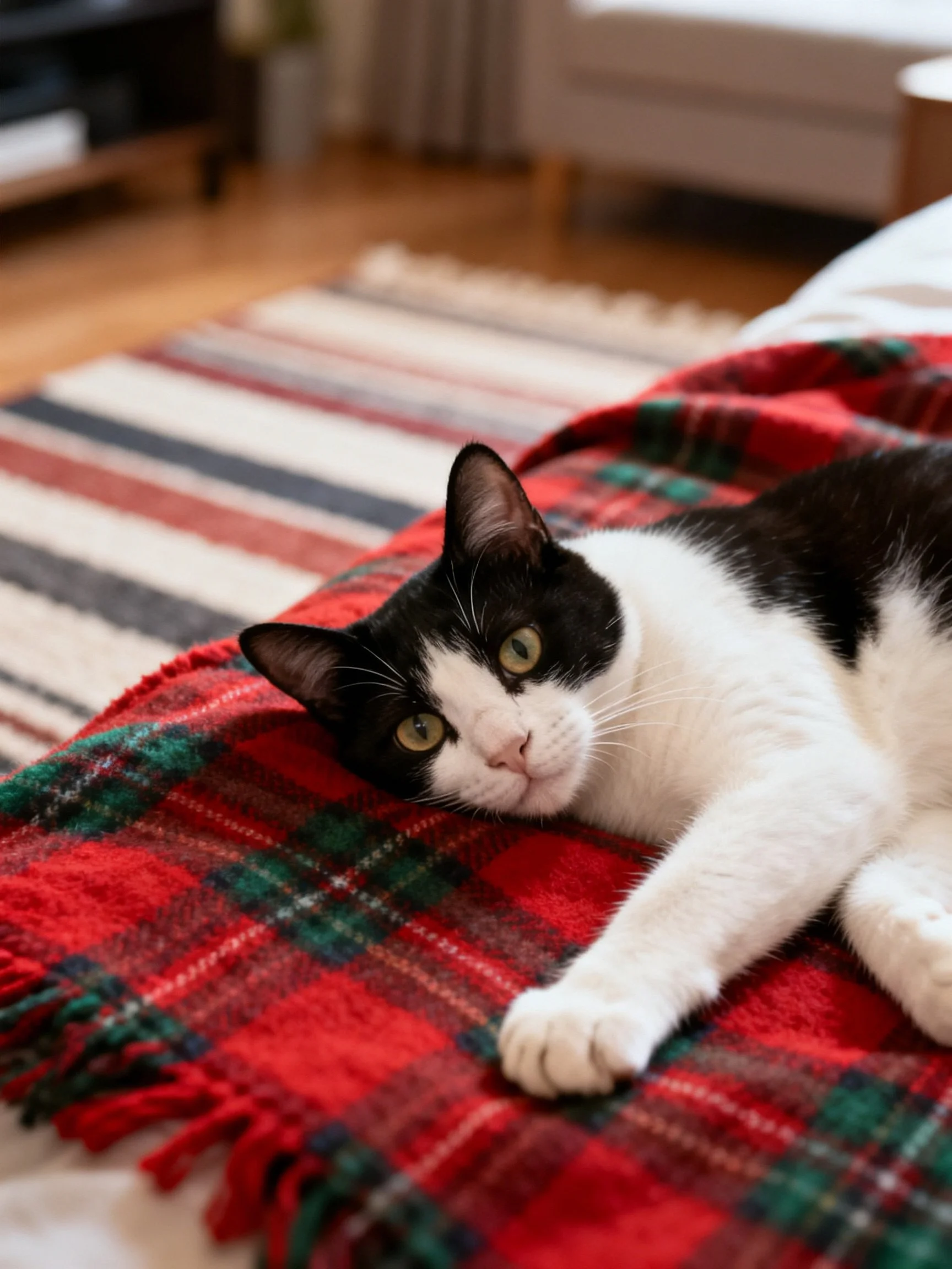 A black - and - white cat lounges on a red plaid blanket near striped rugs