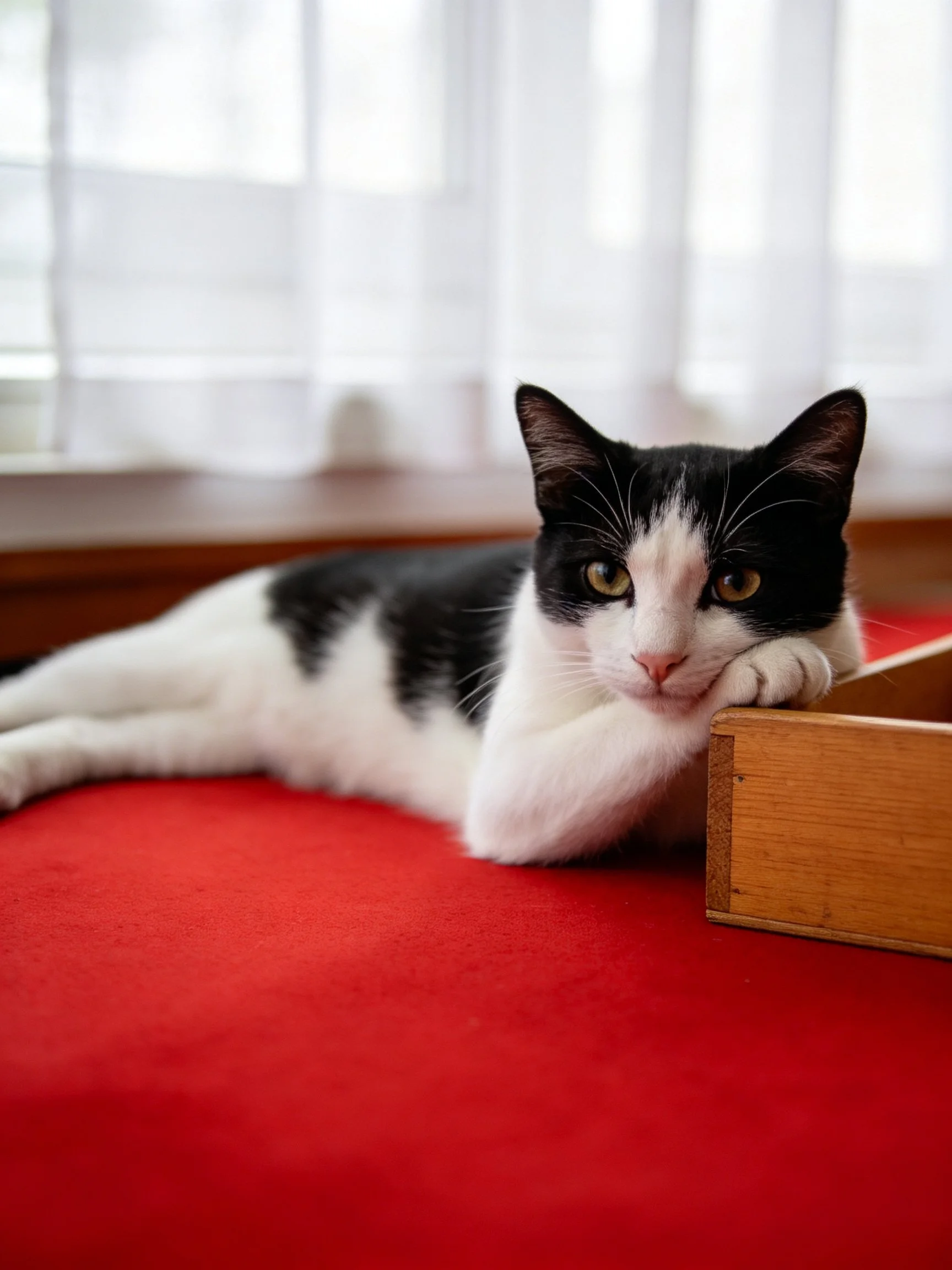 A black - and - white cat lounges on a vibrant red surface beside a wooden box