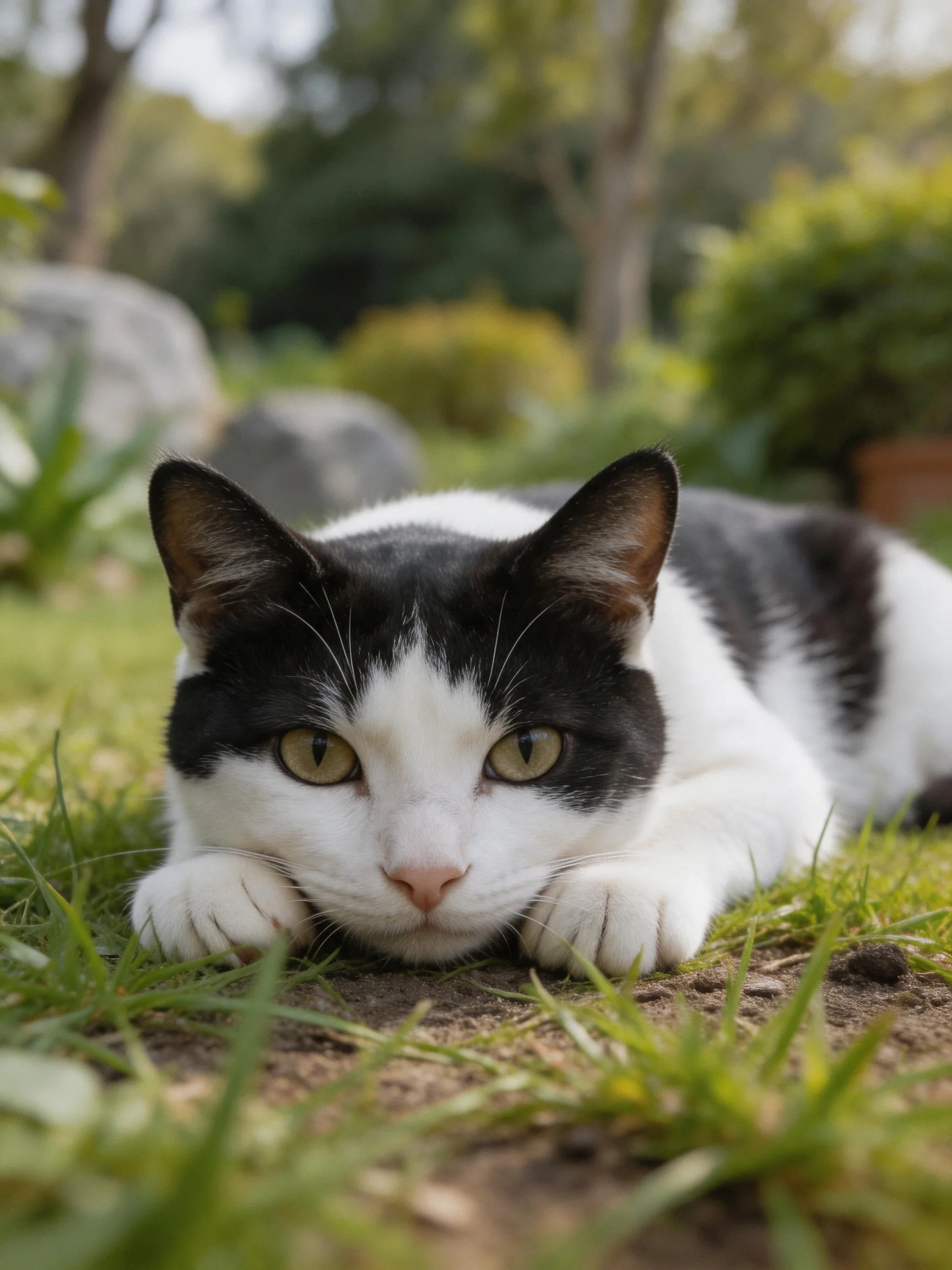 A black - and - white cat lounges on grass near trees and rocks
