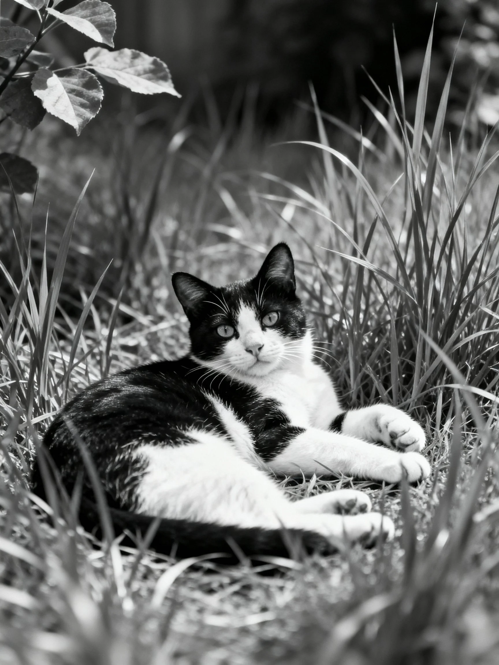 A black - and - white cat lounging among tall grass