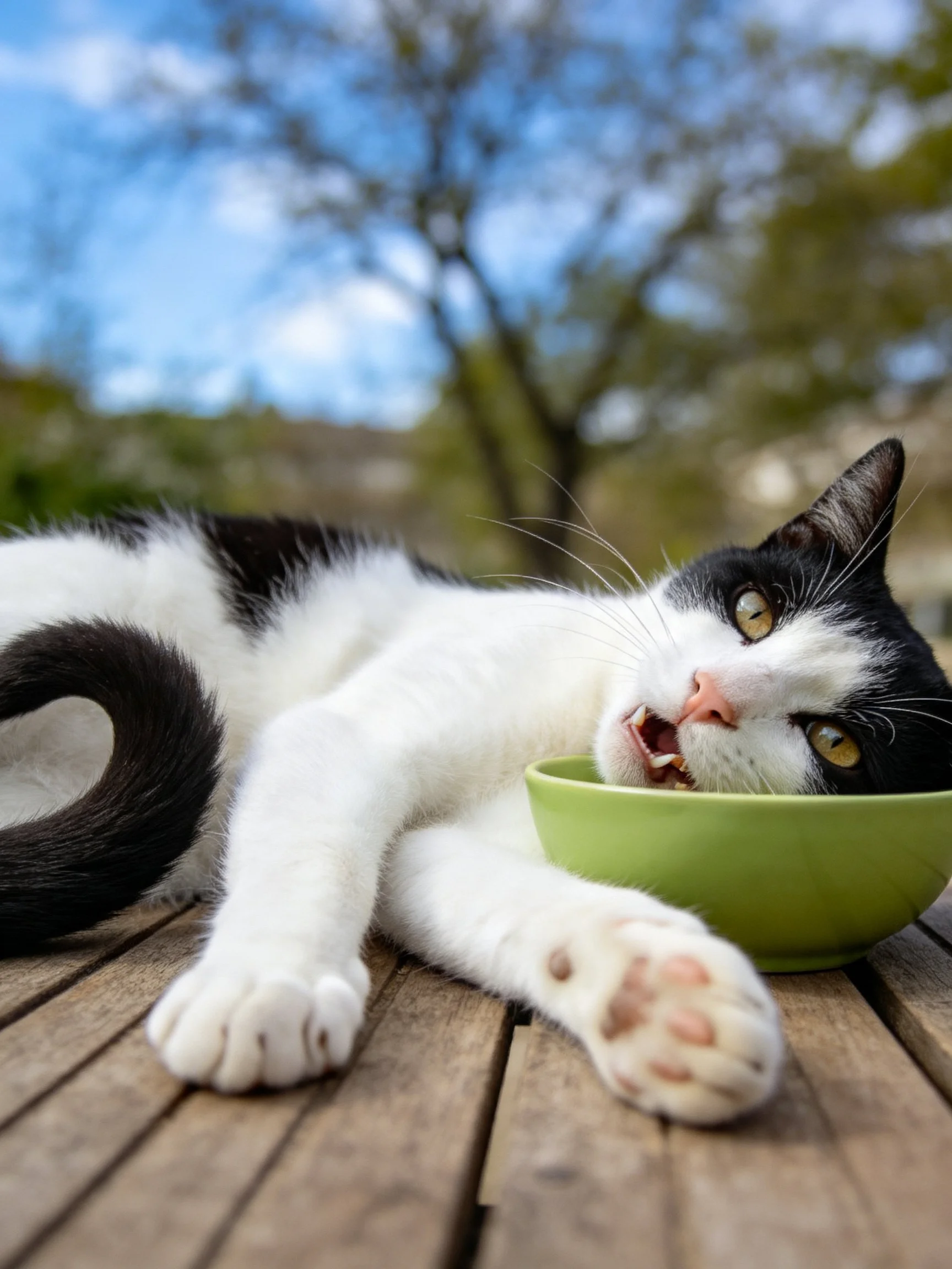 A black - and - white cat lounging near a green bowl on a wooden table outdoors