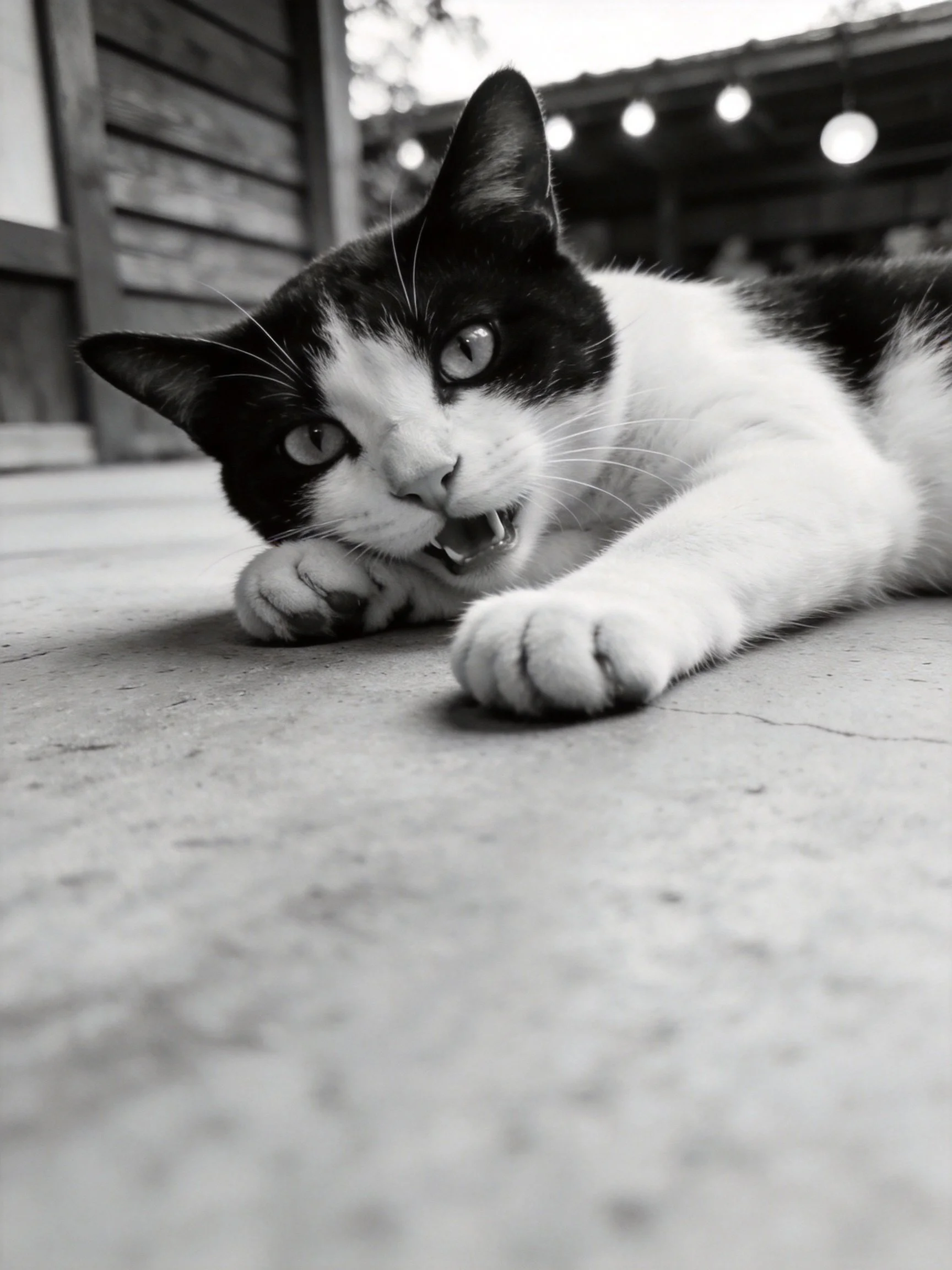 A black - and - white cat lounging on a concrete surface