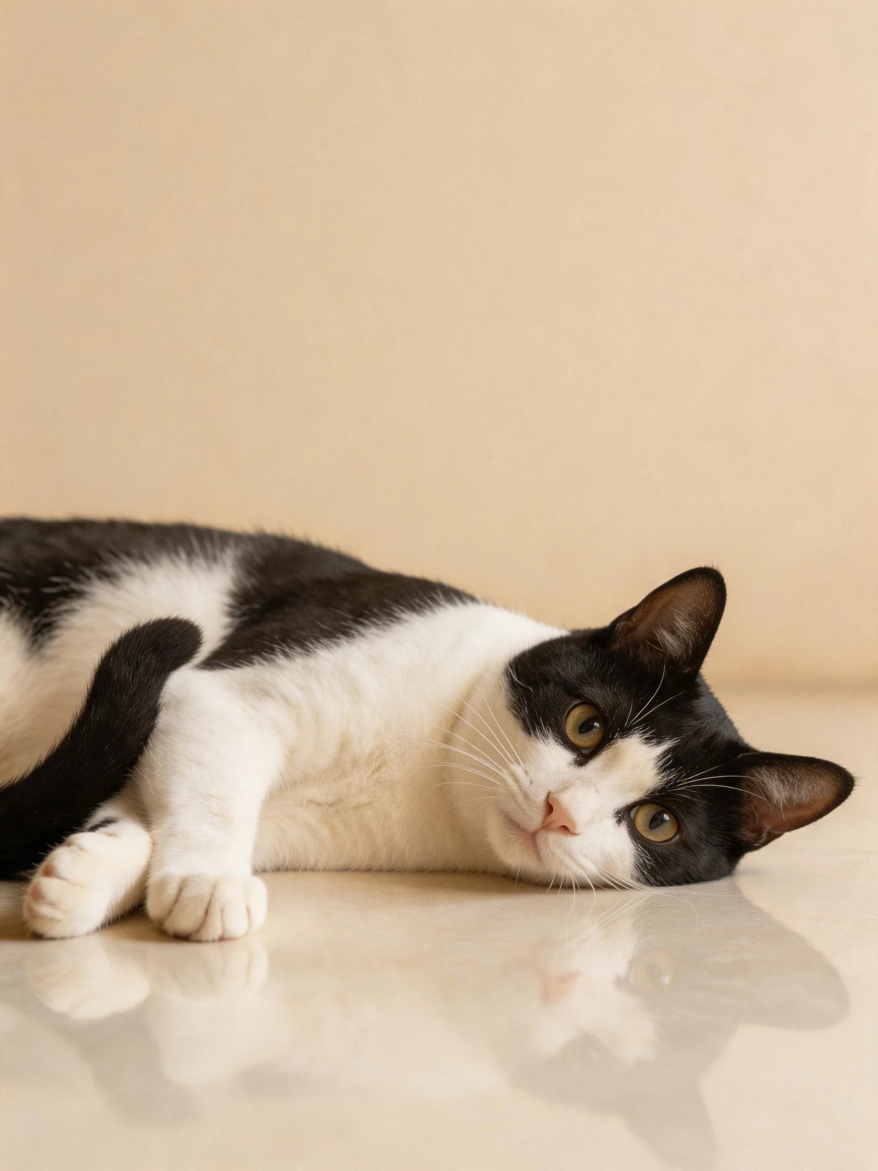 A black and white cat lounging on a glossy surface near a beige wall