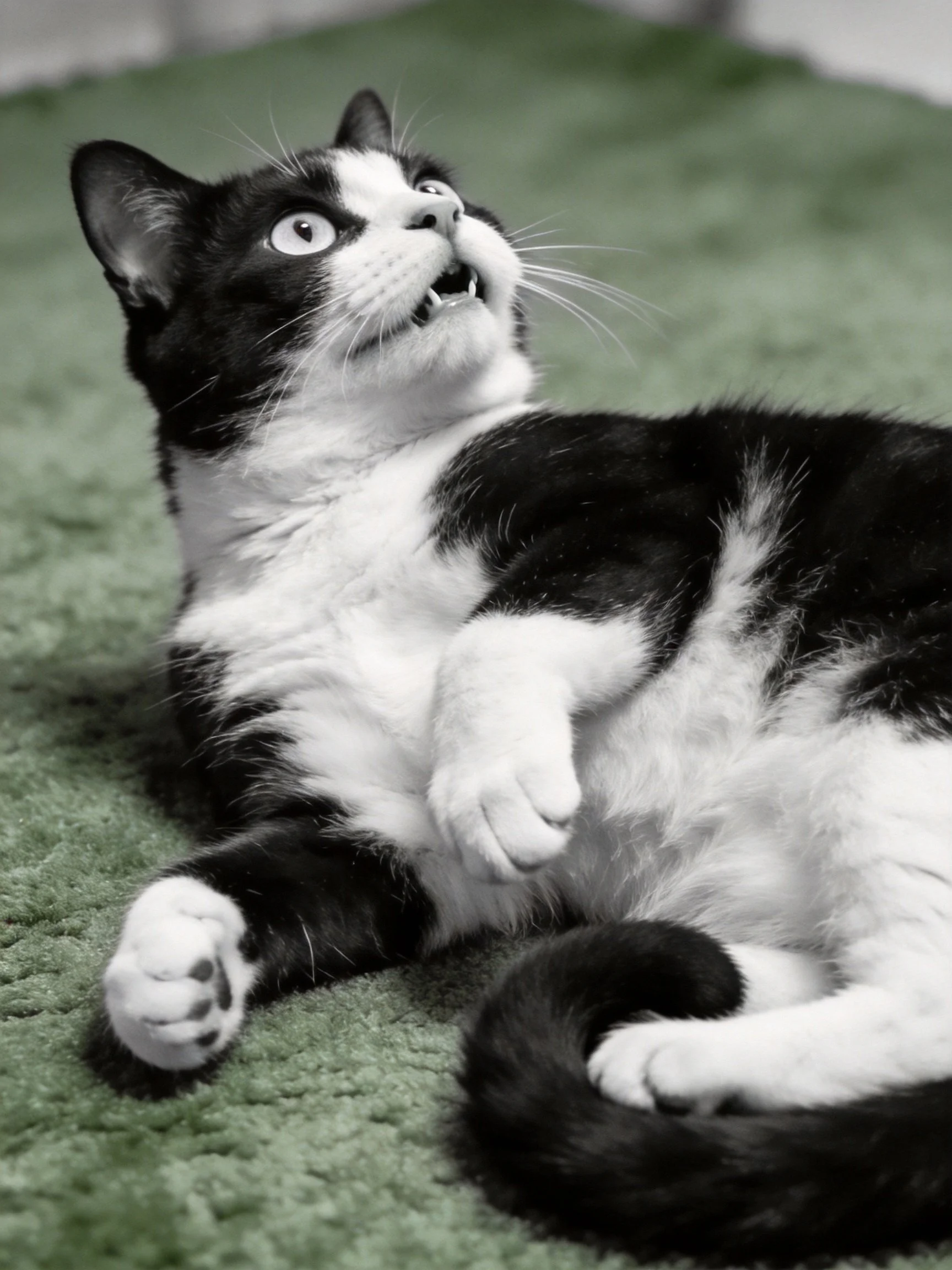 A black - and - white cat lounging on a textured green rug