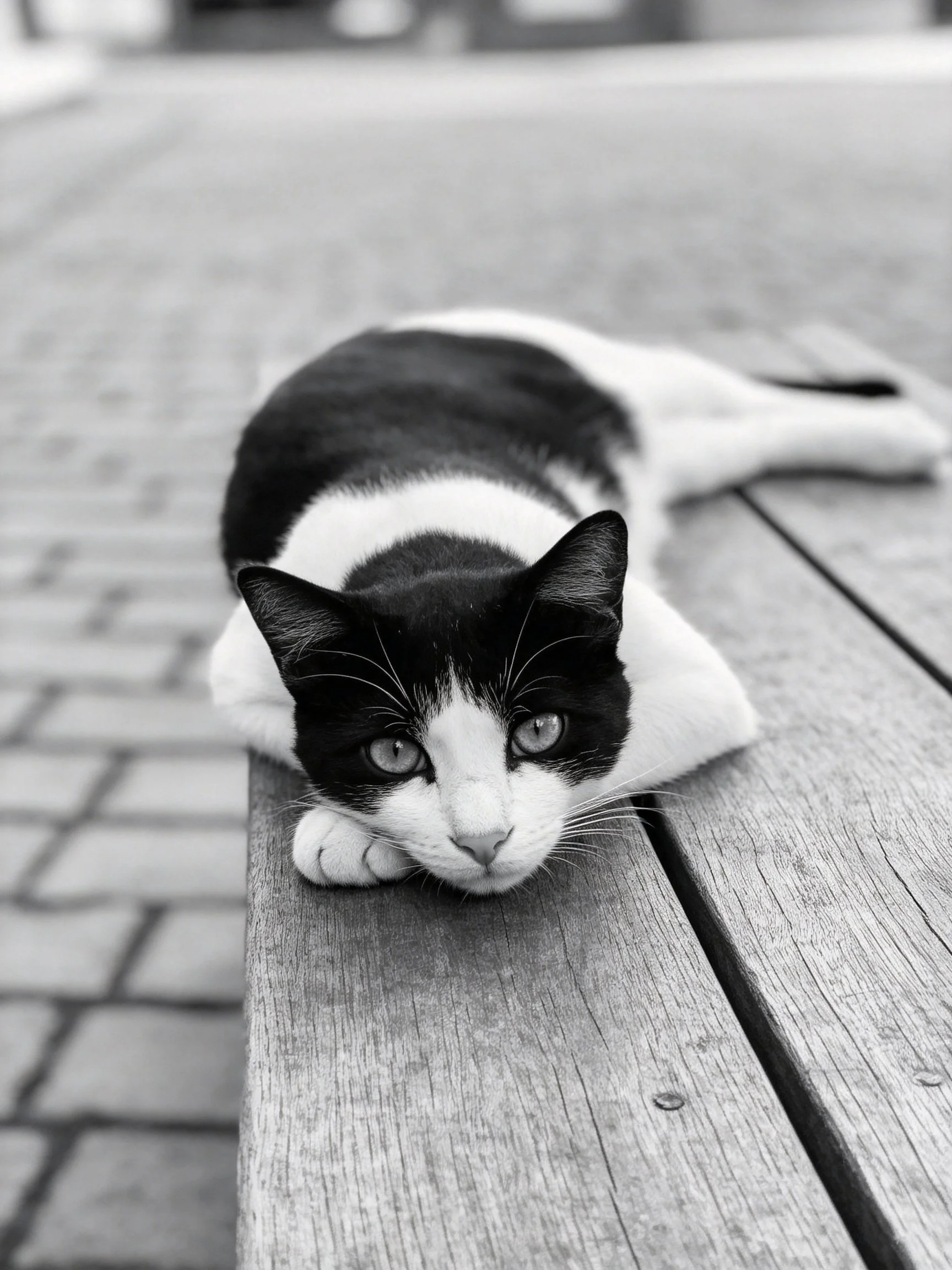 A black - and - white cat lounging on a weathered wooden bench