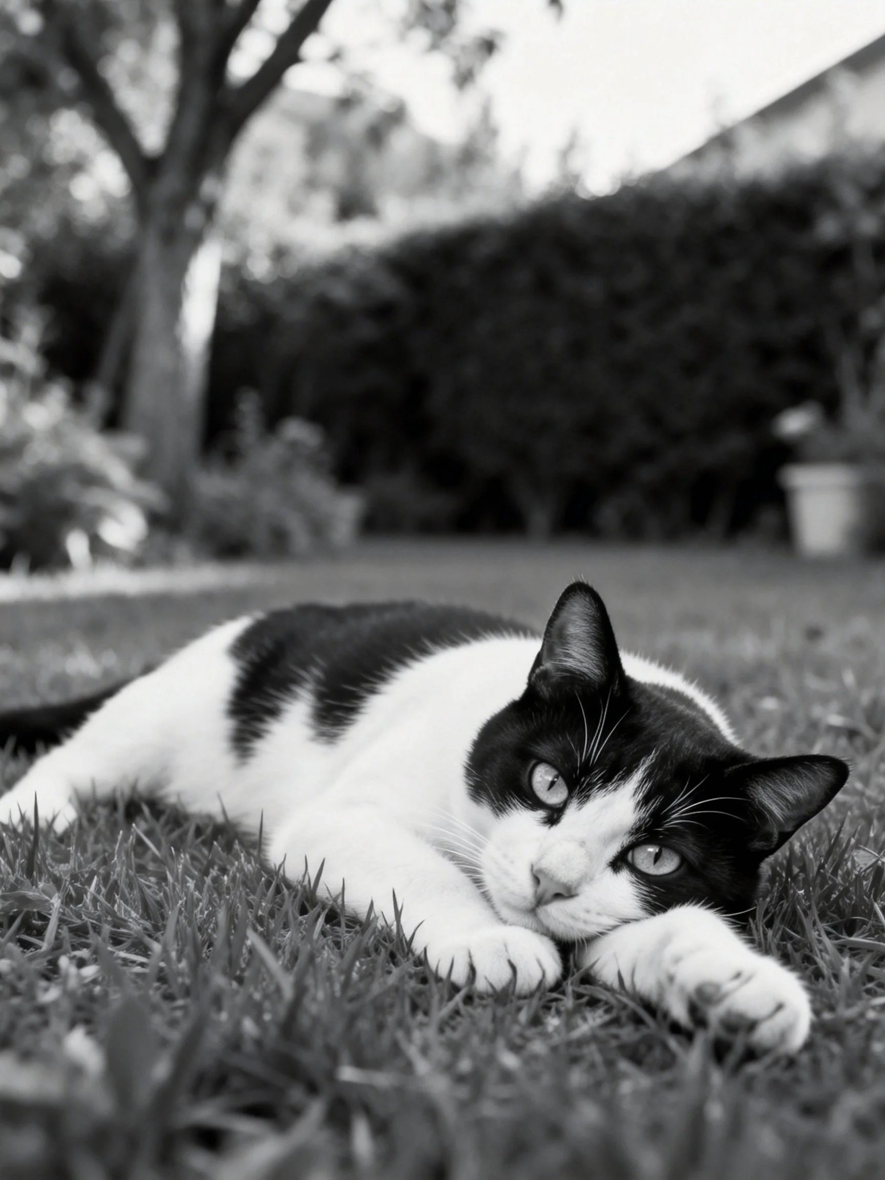 A black - and - white cat lounging on grass in a serene garden