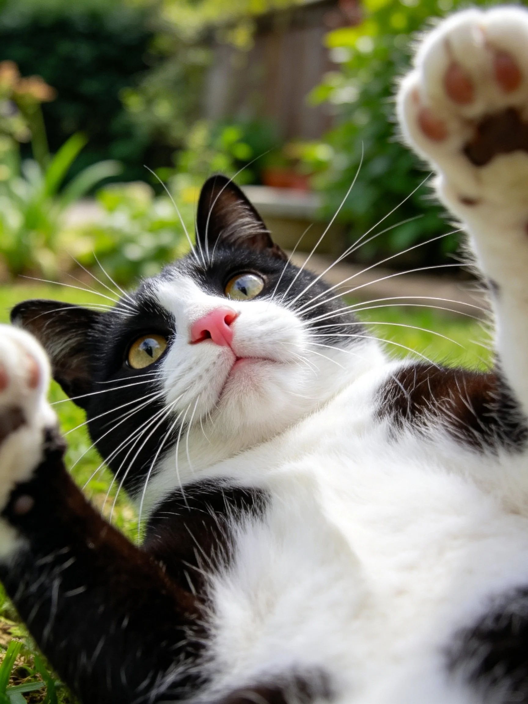 A black and white cat lounging on green grass in a sunny garden