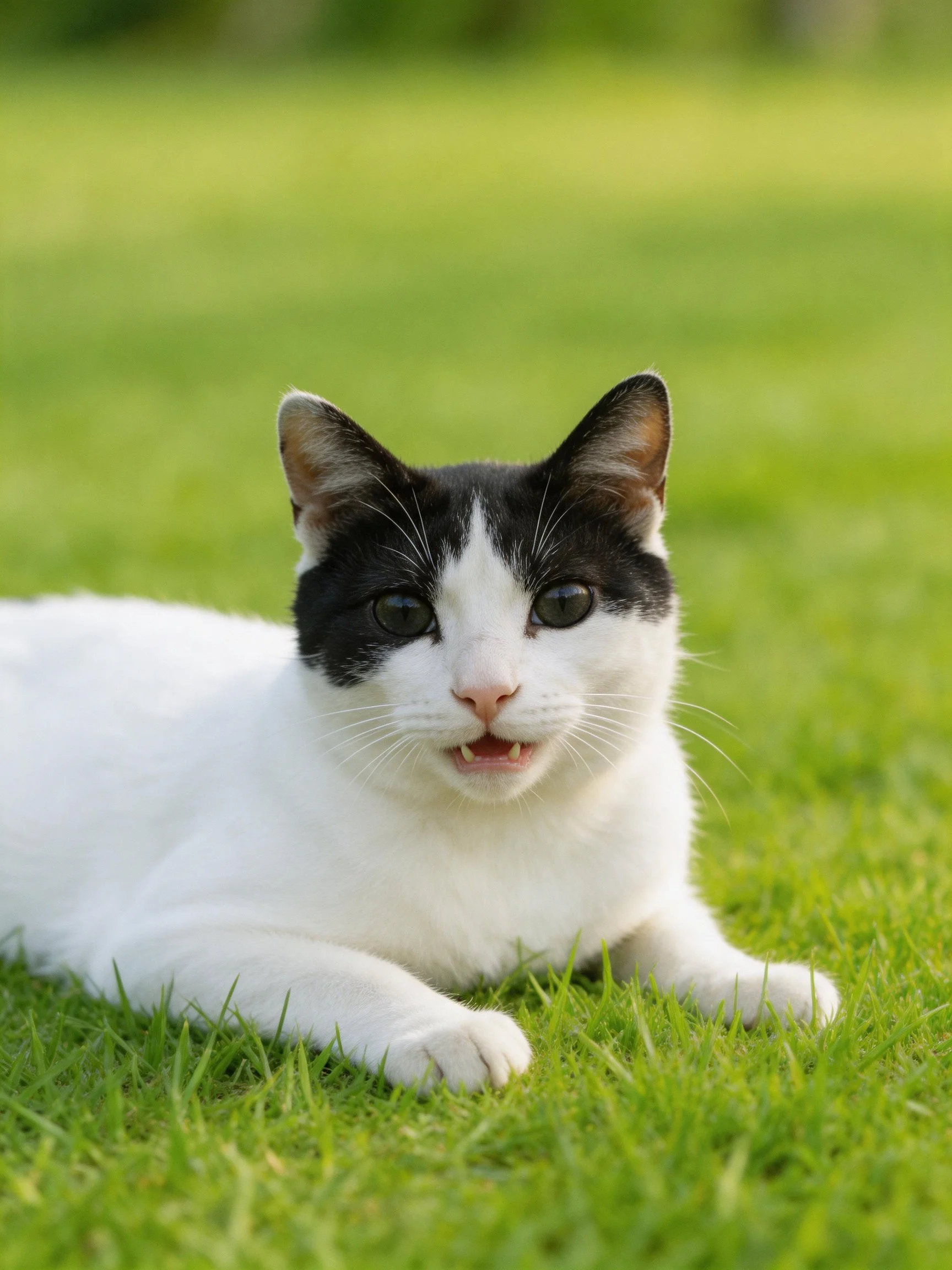 A black - and - white cat lounging on vibrant green grass