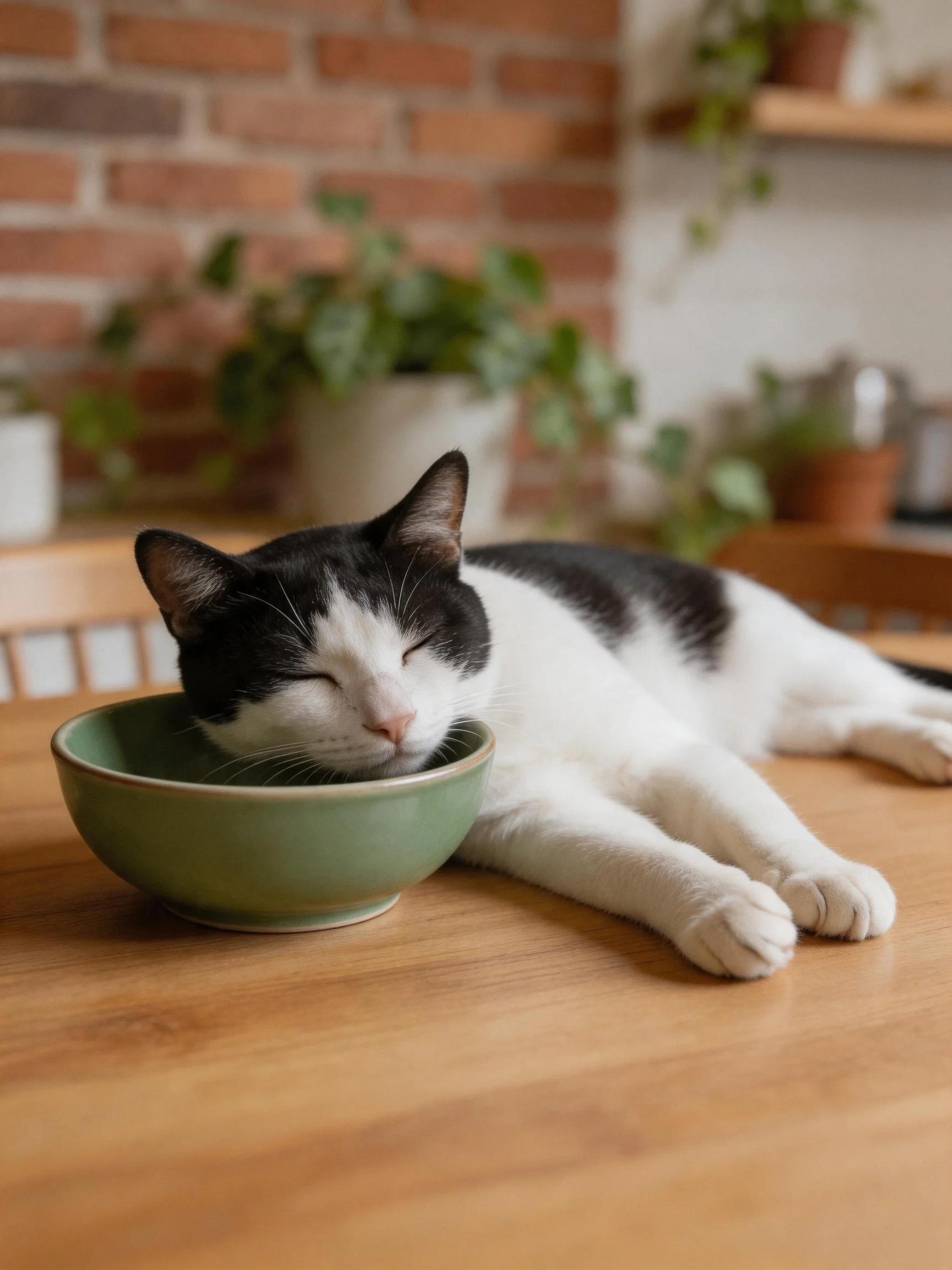 A black - and - white cat napping in a green ceramic bowl on a wooden table