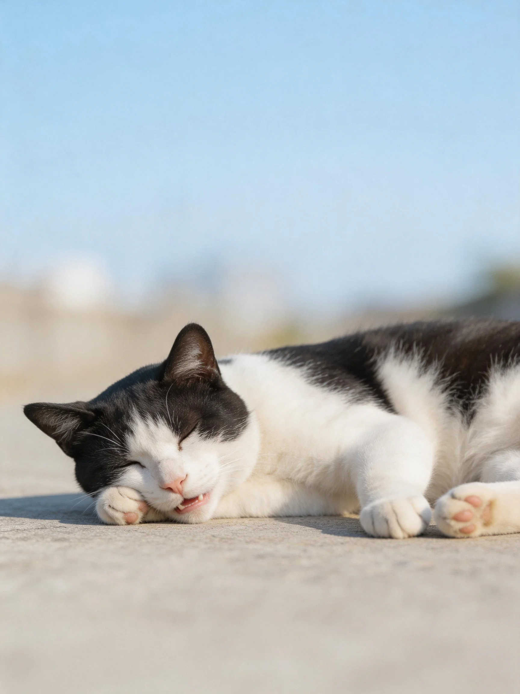A black and white cat napping on a smooth concrete surface
