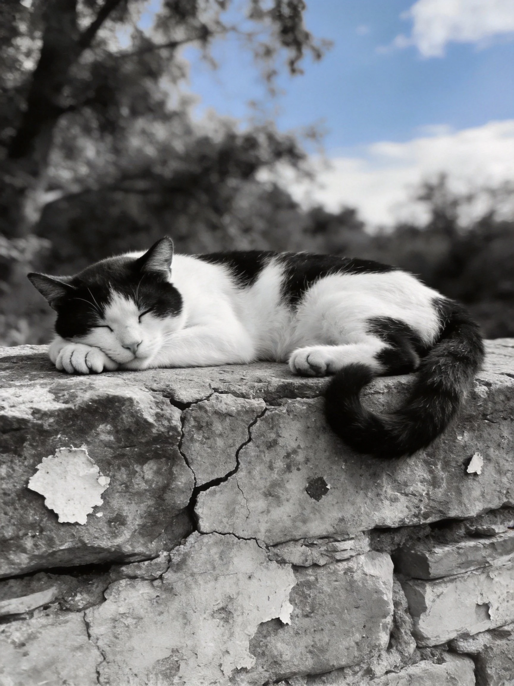 A black - and - white cat napping on a weathered stone ledge with blue sky