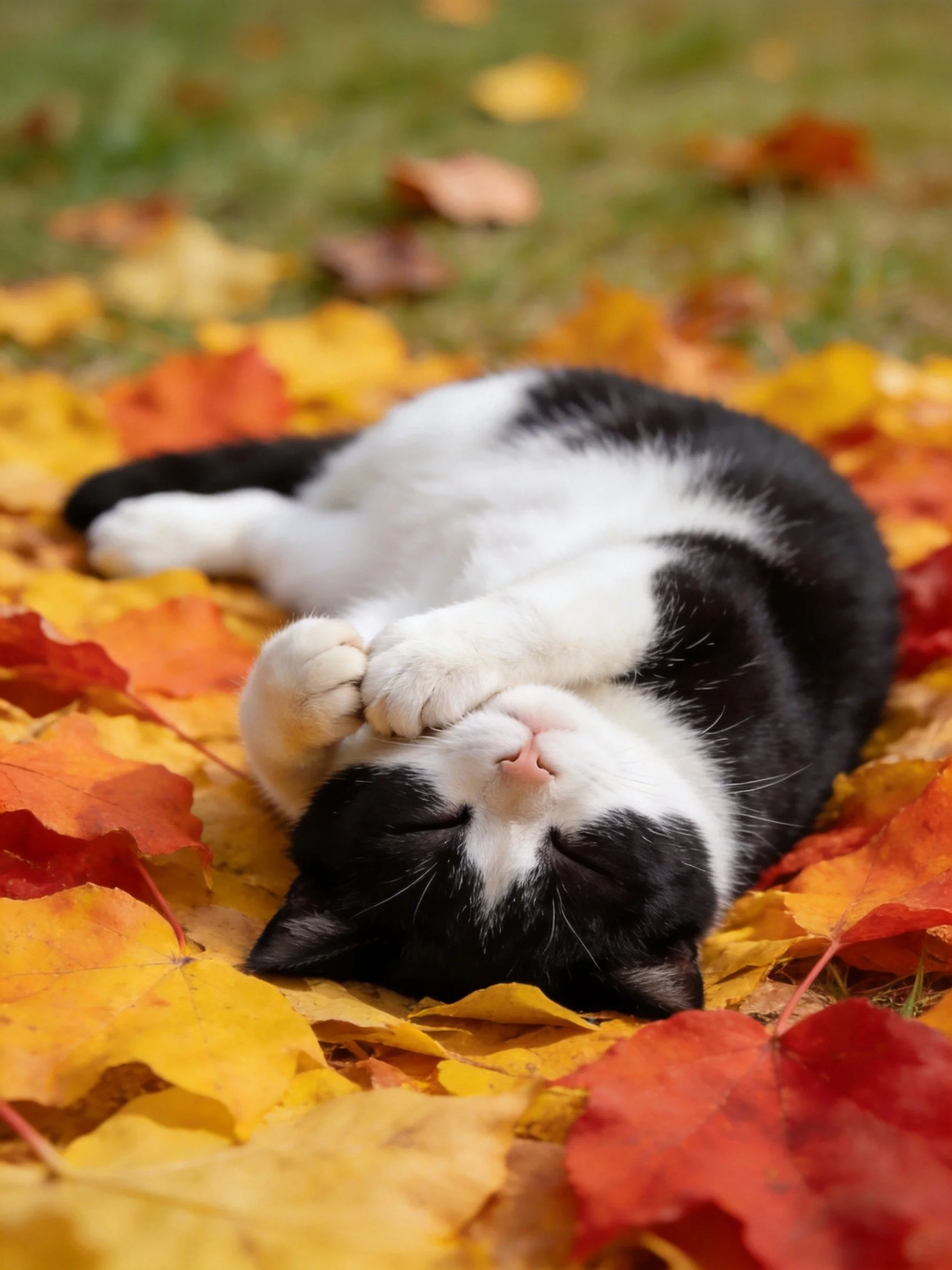 A black - and - white cat napping on colorful fall leaves