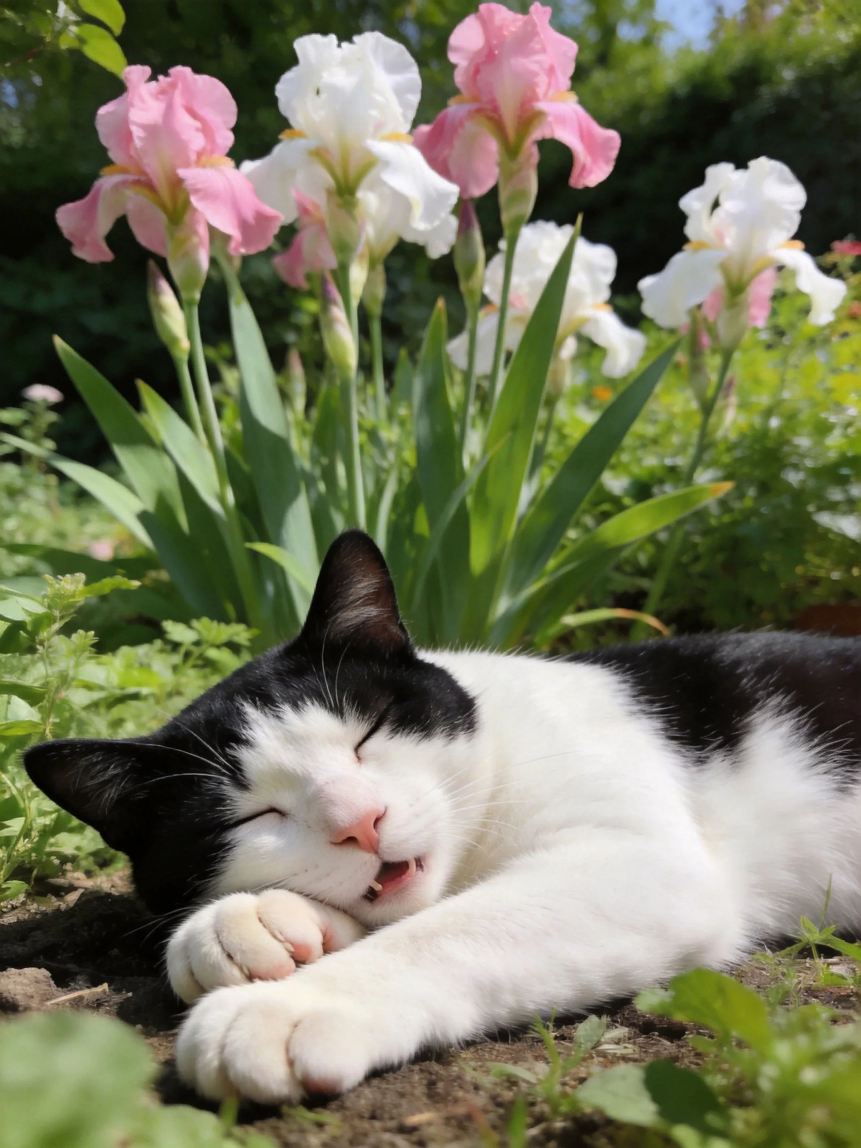 A black and white cat naps beside pink and white irises in a sunny garden