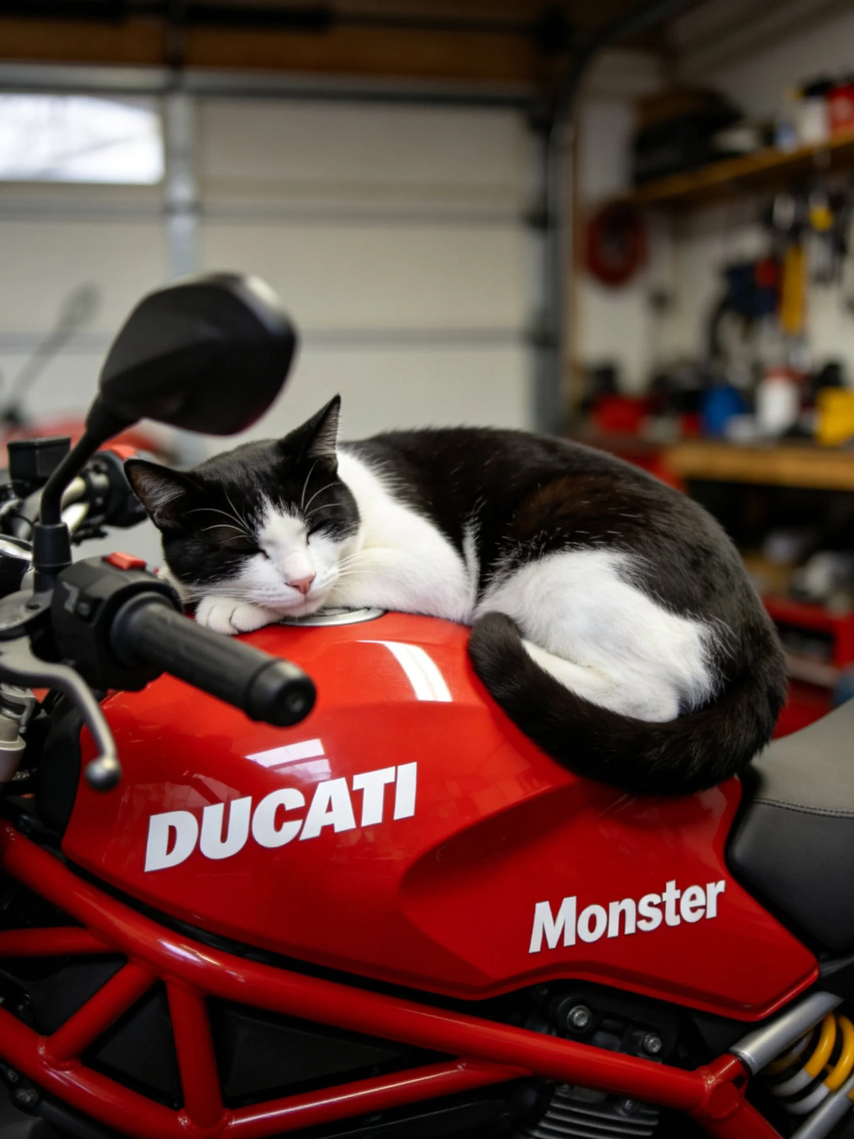 A black - and - white cat naps on a red Ducati Monster motorcycle