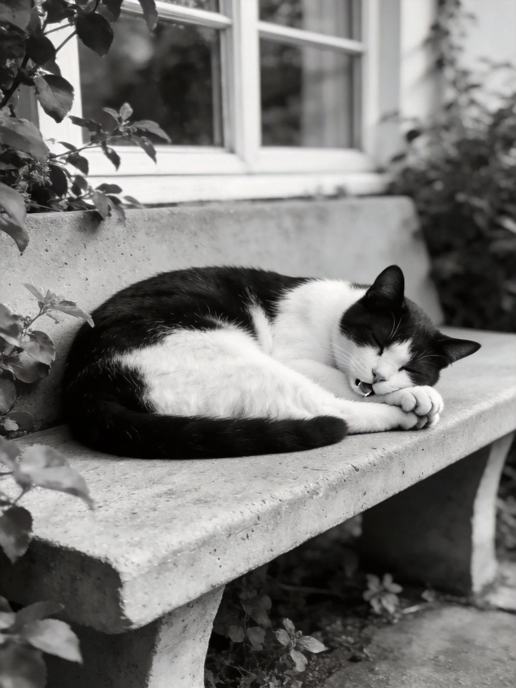 A black and white cat naps on a stone bench near a window