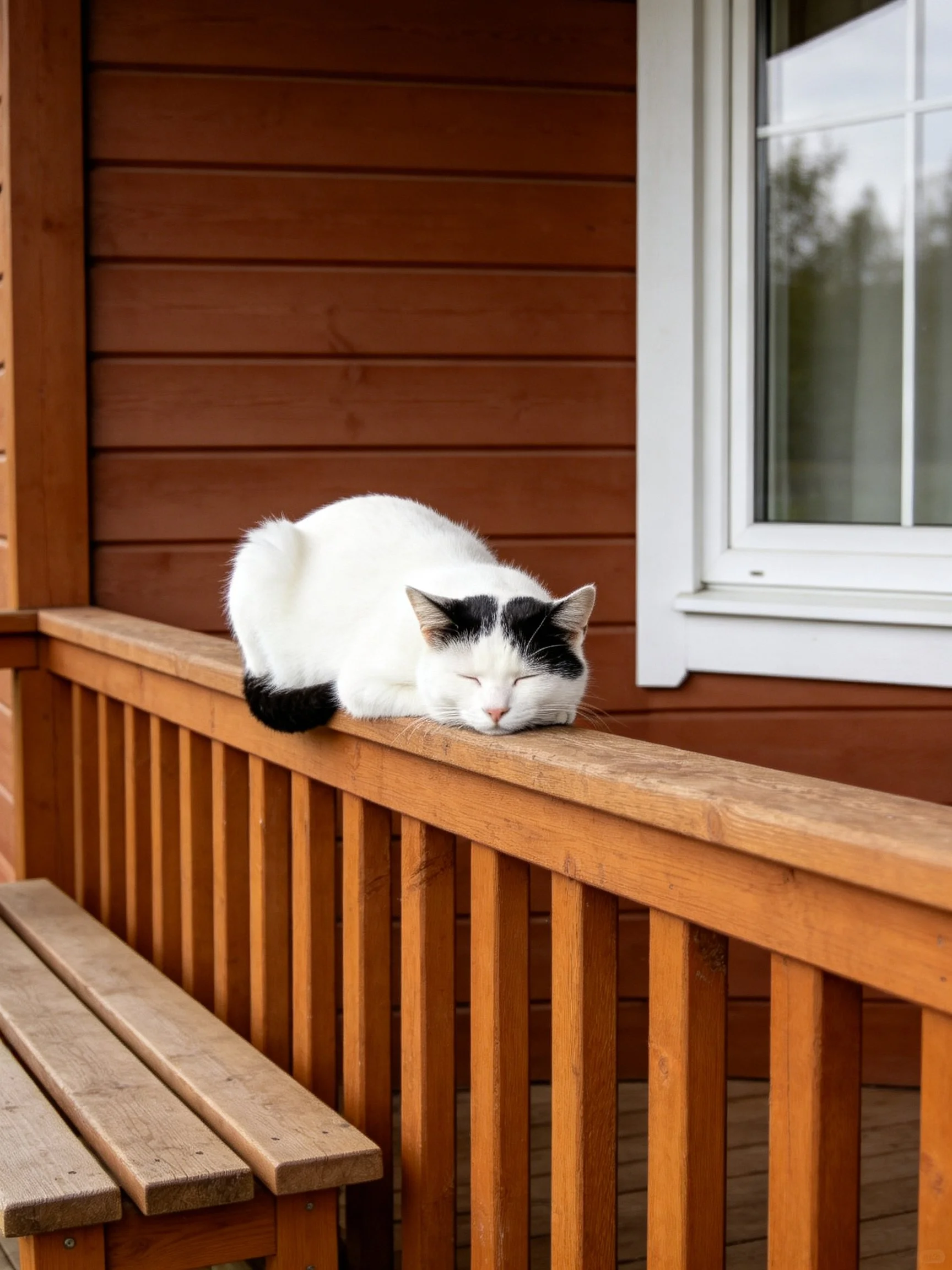 A black - and - white cat naps on a wooden porch railing