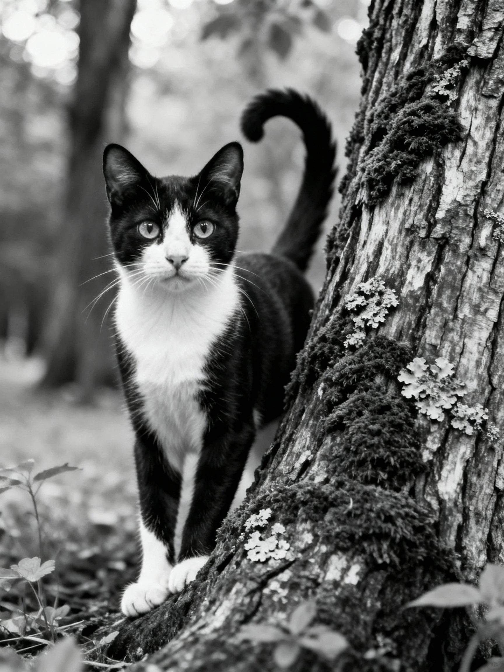 A black - and - white cat near a textured, moss - covered tree trunk
