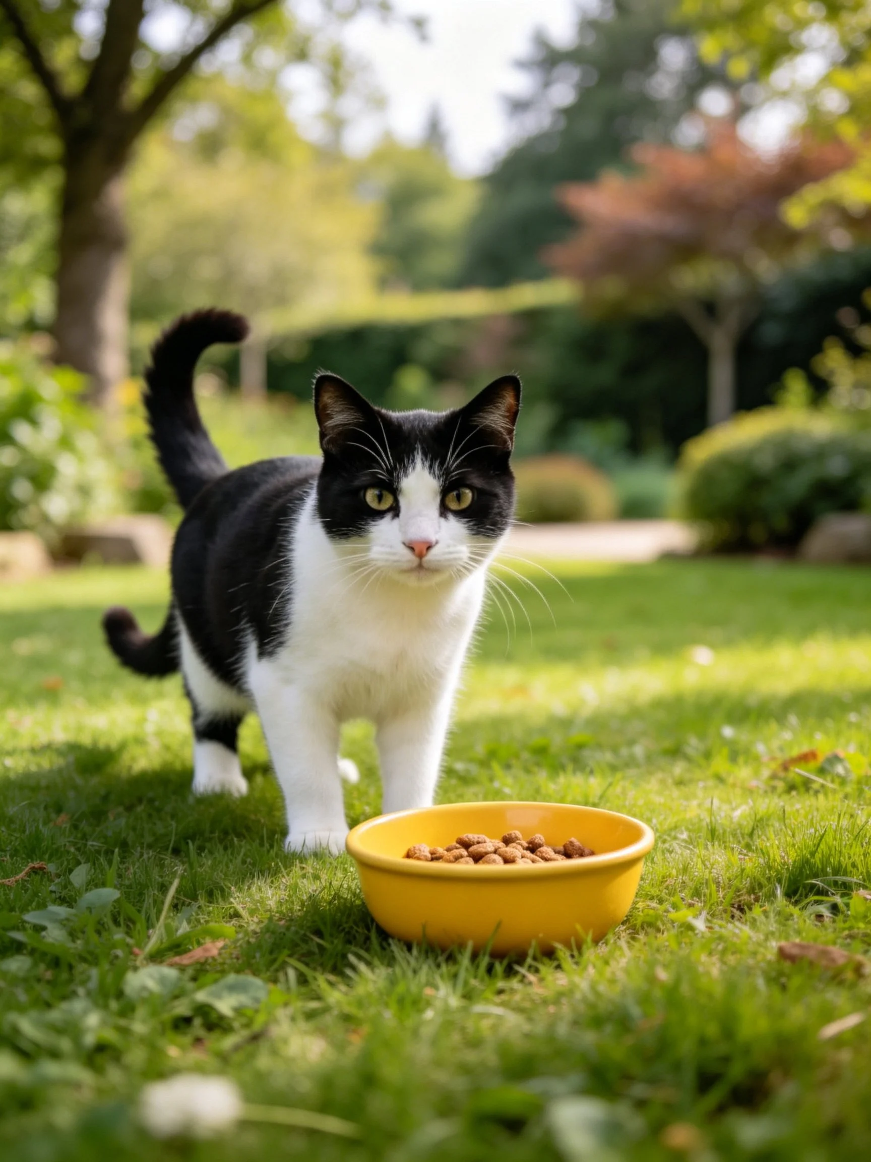 A black-and-white cat near a yellow food bowl in a sunny garden