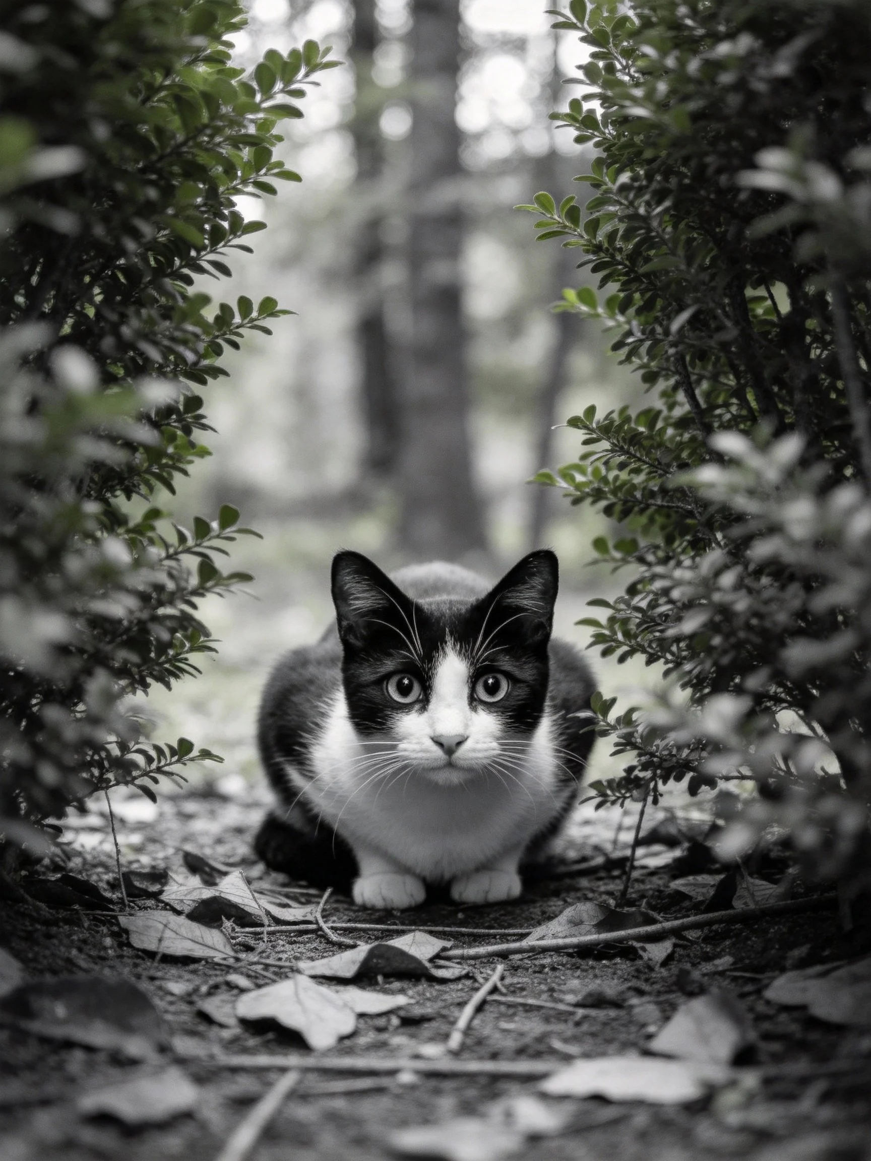 A black - and - white cat nestled among leafy bushes on a forest path