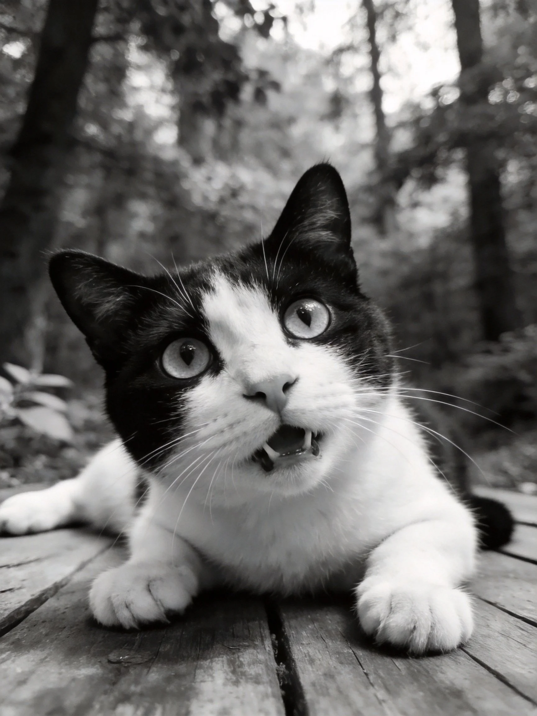 A black - and - white cat on a wooden deck in a wooded area
