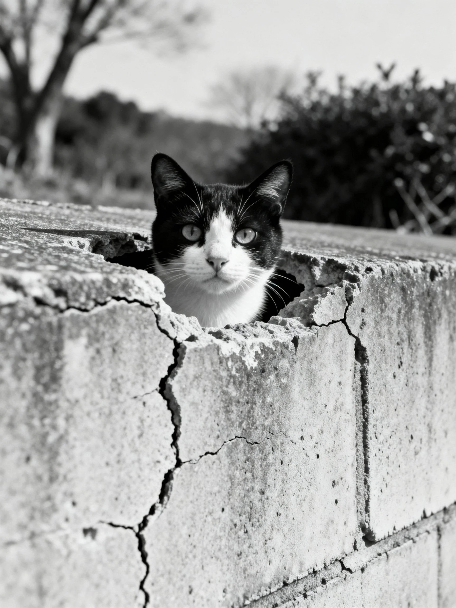 A black - and - white cat peeks from a cracked concrete structure