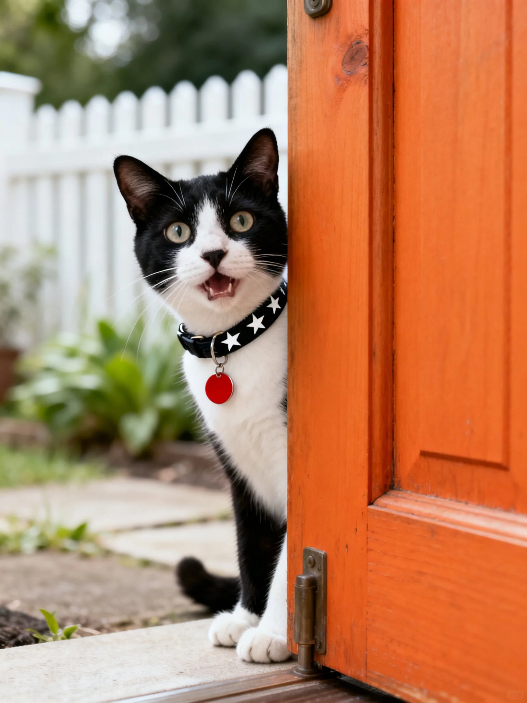 A black - and - white cat peeks from an orange wooden door near a white fence