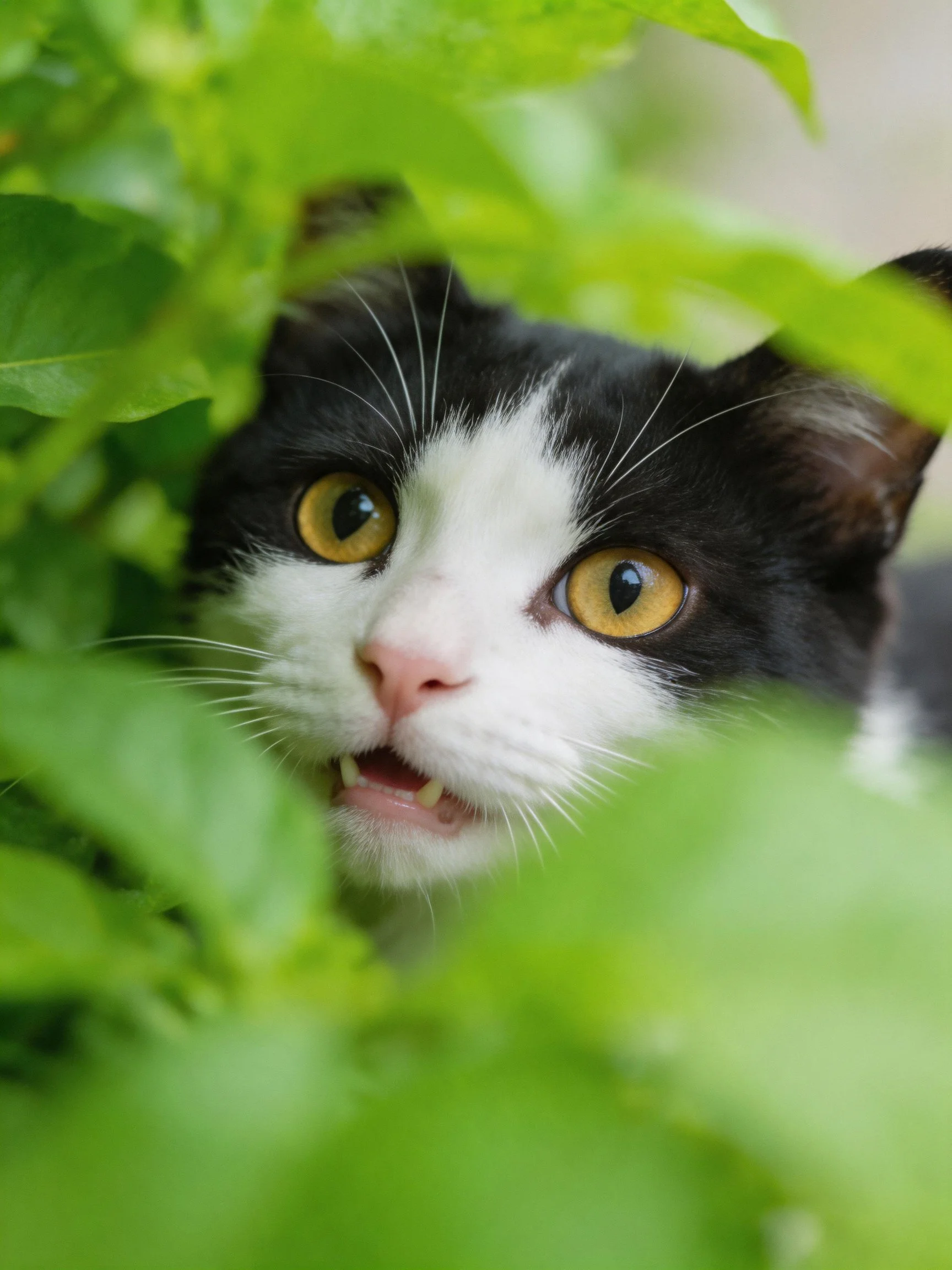 A black - and - white cat peeks from behind lush green foliage