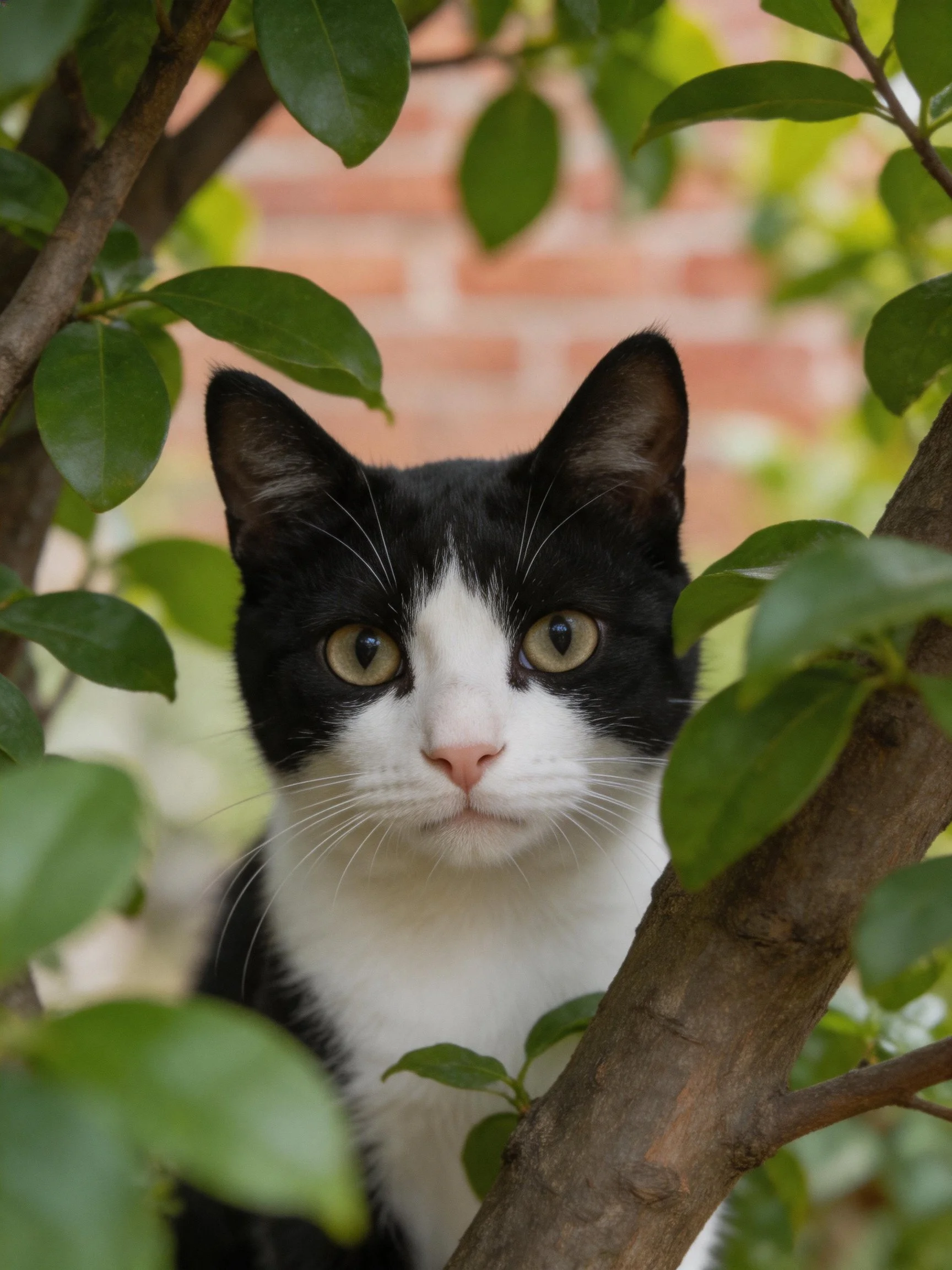 A black - and - white cat peeks through lush green foliage