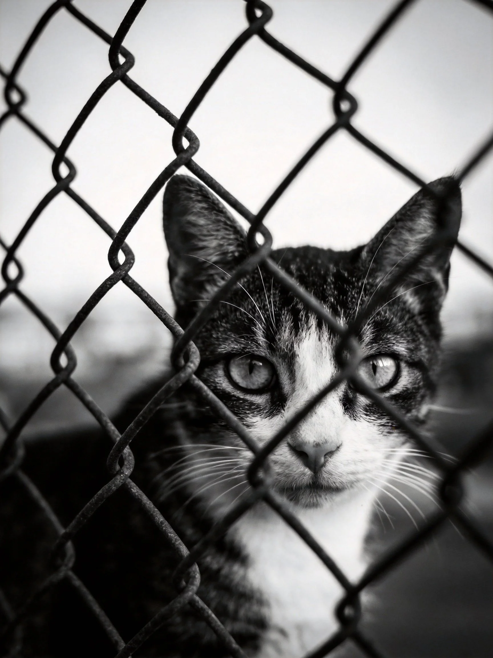 A black and white cat peering through a chain - link fence